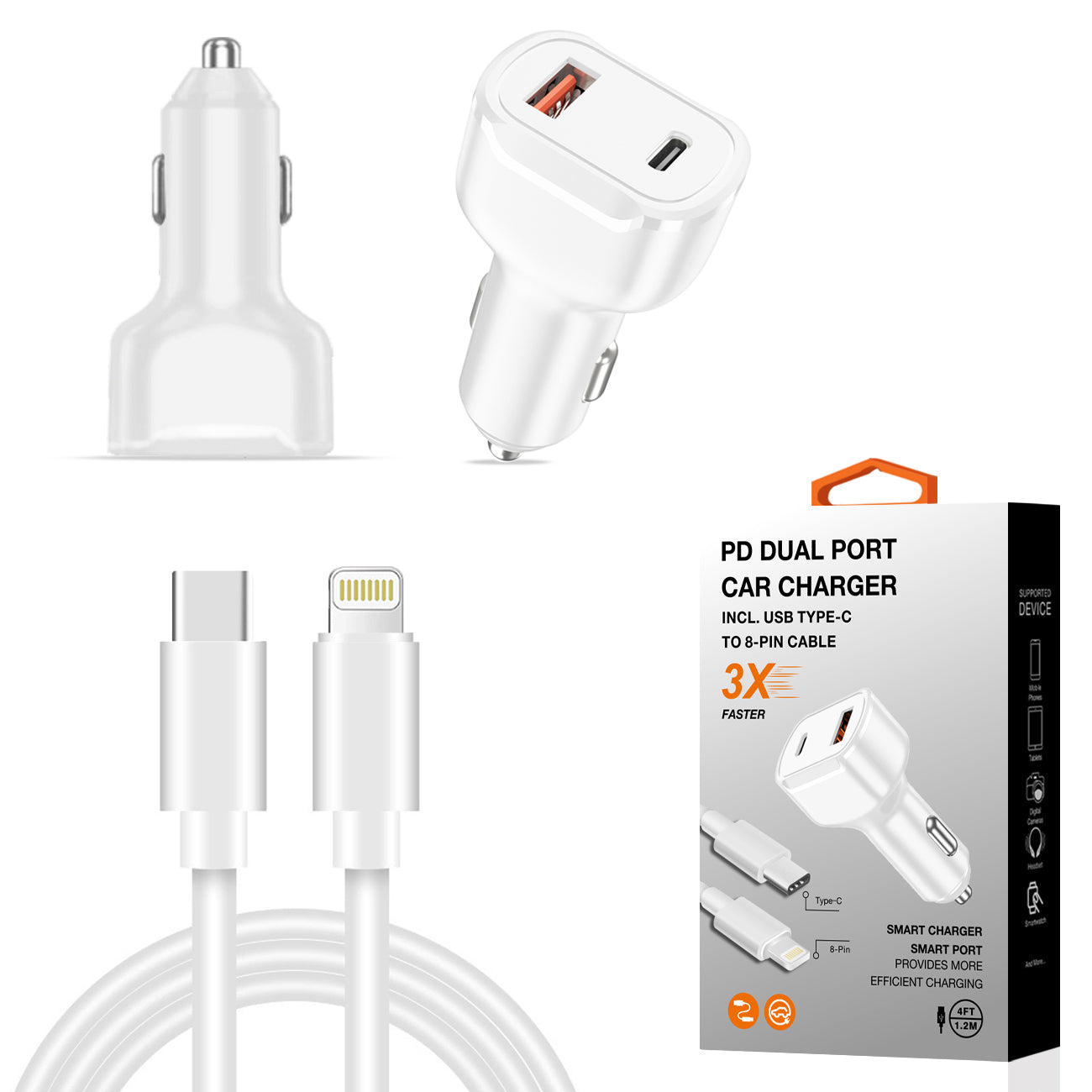 Travel Car Charger Adapter with USB C To 8 Pin Cable PD Dual Ports Fast Charging