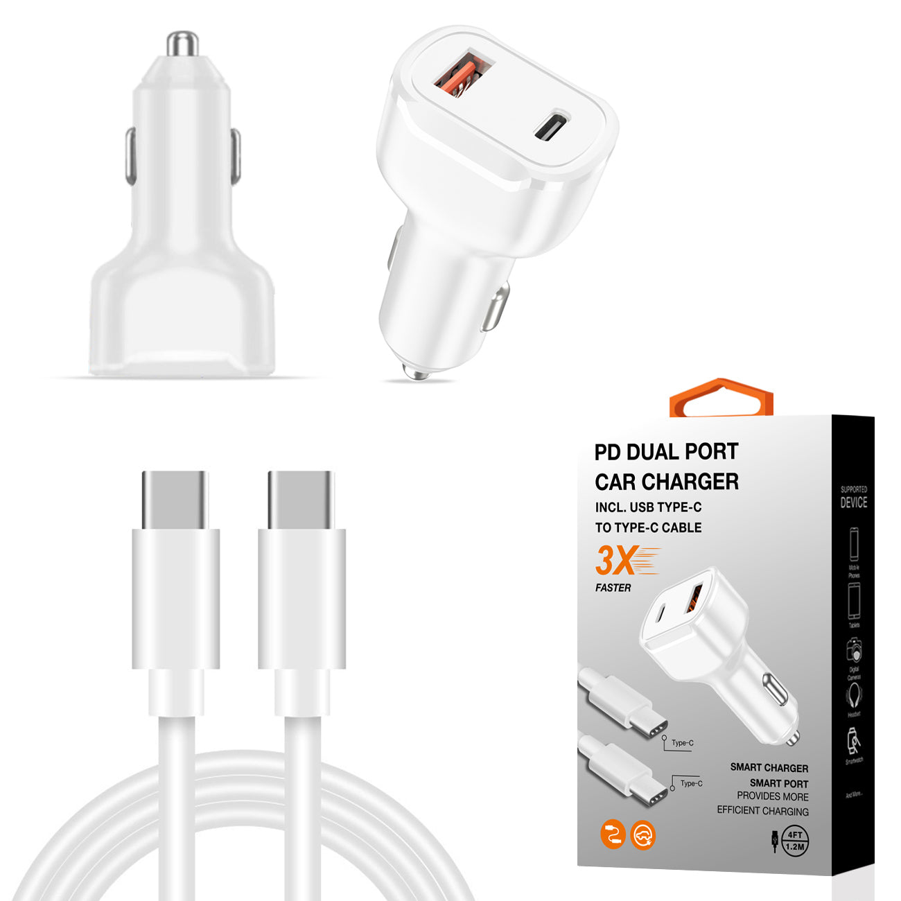 Travel Car Charger Adapter PD Dual Ports Type-C to Type-C Cable Fast Charging