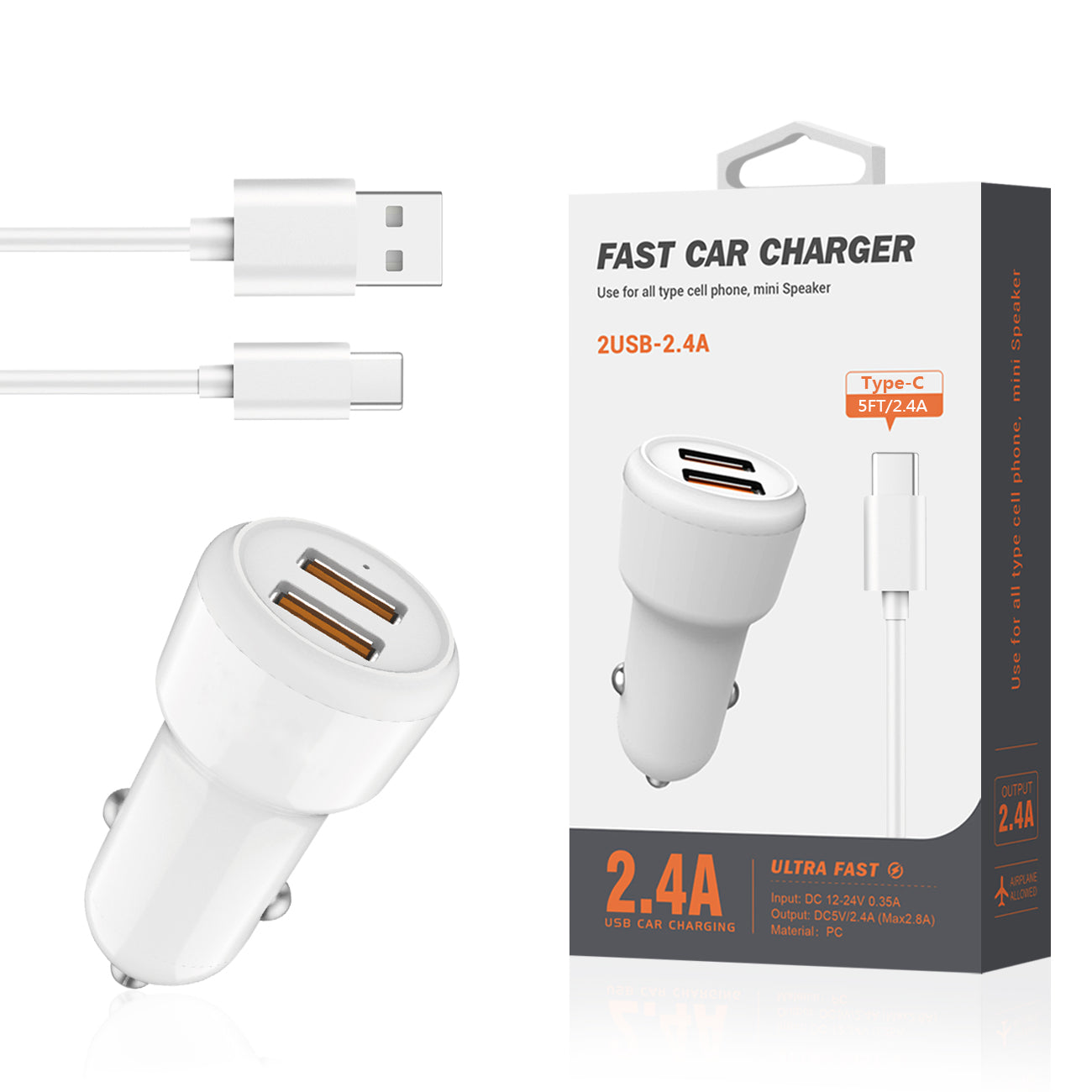 Car Charger Type C With Built In Cable 3Ft Reiko Portable White Color