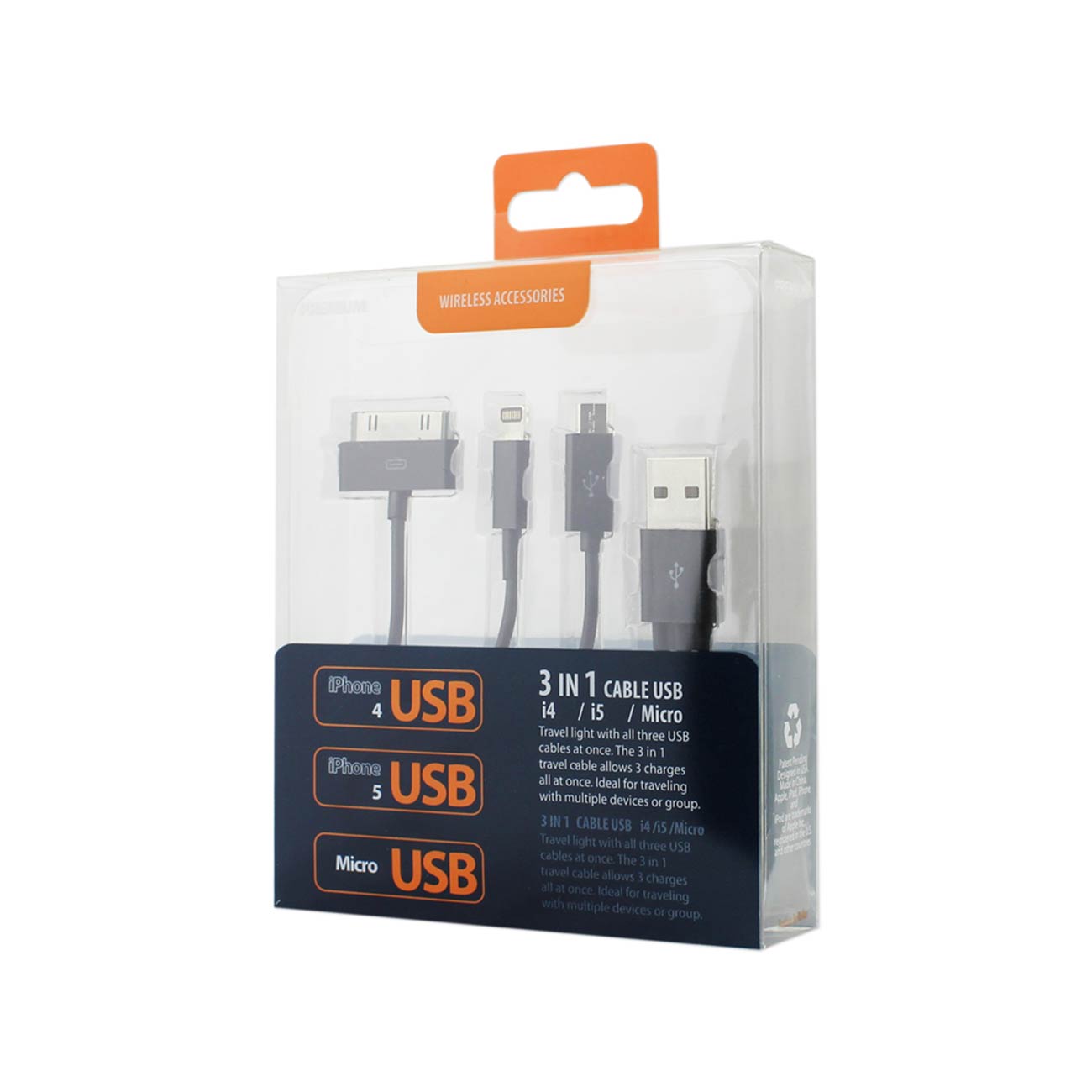 Data Cable USB Micro Trio 3-In-1 8 Pin 0.58Ft Black Color