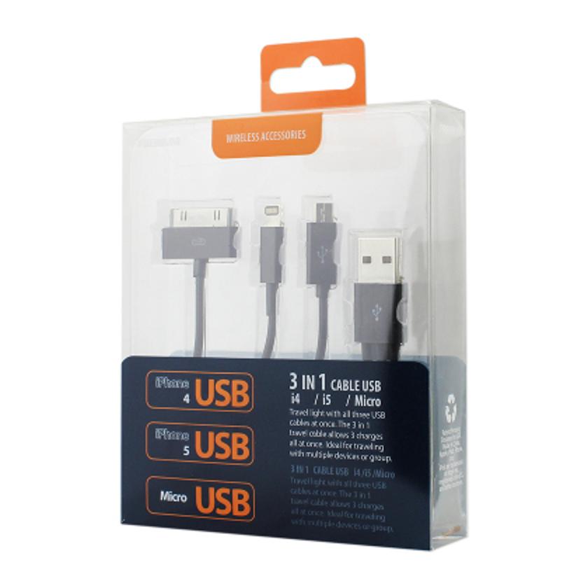 Data Cable USB Micro Trio 3-In-1 8 Pin 0.58Ft Black Color