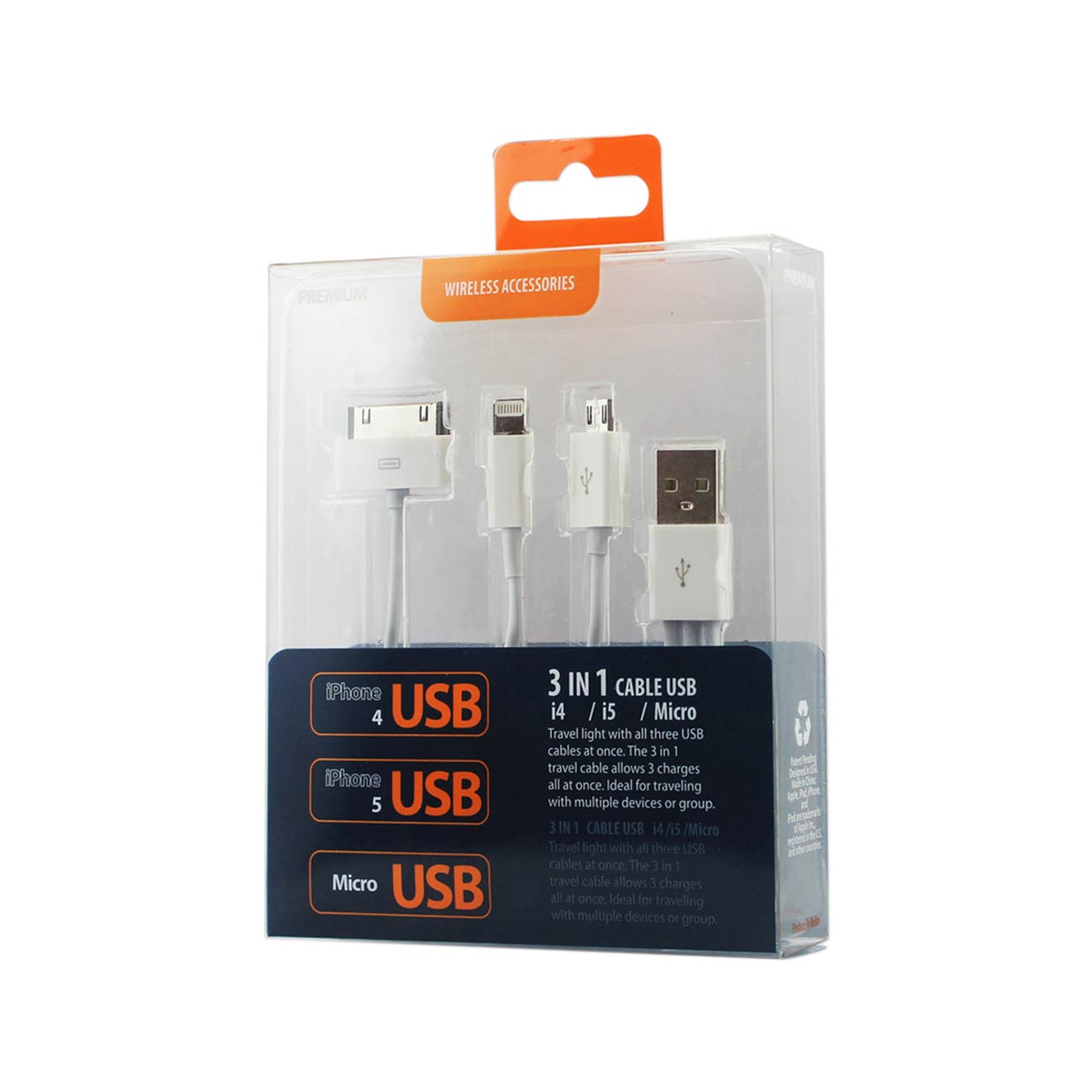 Data Cable USB Micro Trio 3-In-1 8 Pin 0.58Ft White Color