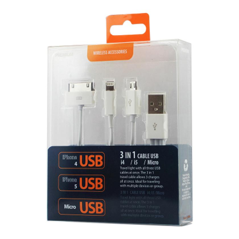 Data Cable USB Micro Trio 3-In-1 8 Pin 0.58Ft White Color