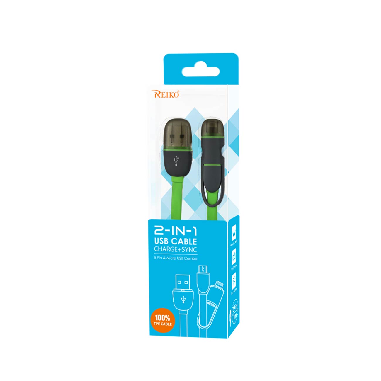 Cable USB Micro Flat 2-In-1 iPhone 6 3.2Ft Green Color