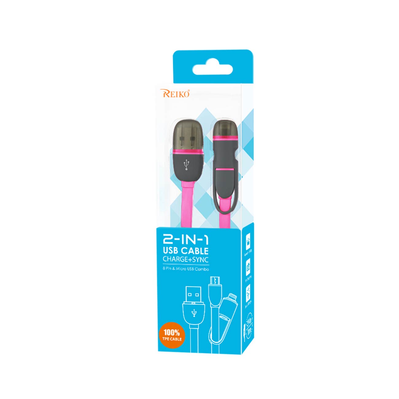 Cable USB Micro Flat 8 PIN 2-In-1 3.2Ft Hot Pink Color