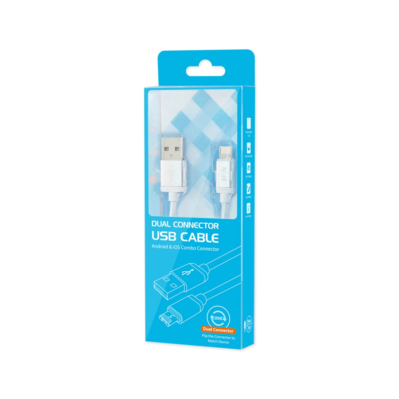 Cable USB Micro Reversible 8-PIN 2-In-1 Reiko Nylon Braided 3.3Ft White Color
