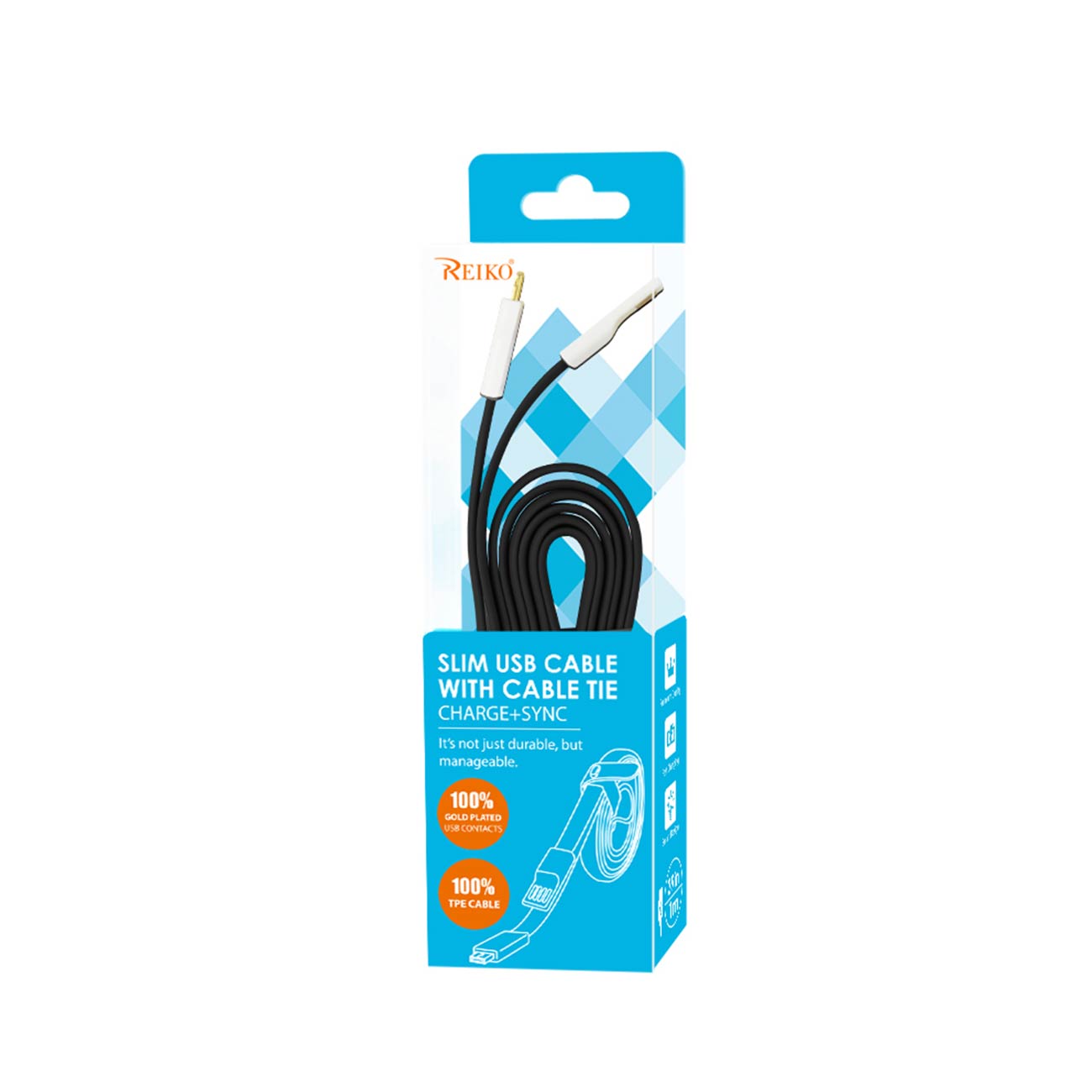 Data Cable USB Flat Micro Gold Plated 3.9Ft With Cable Tie Black Color