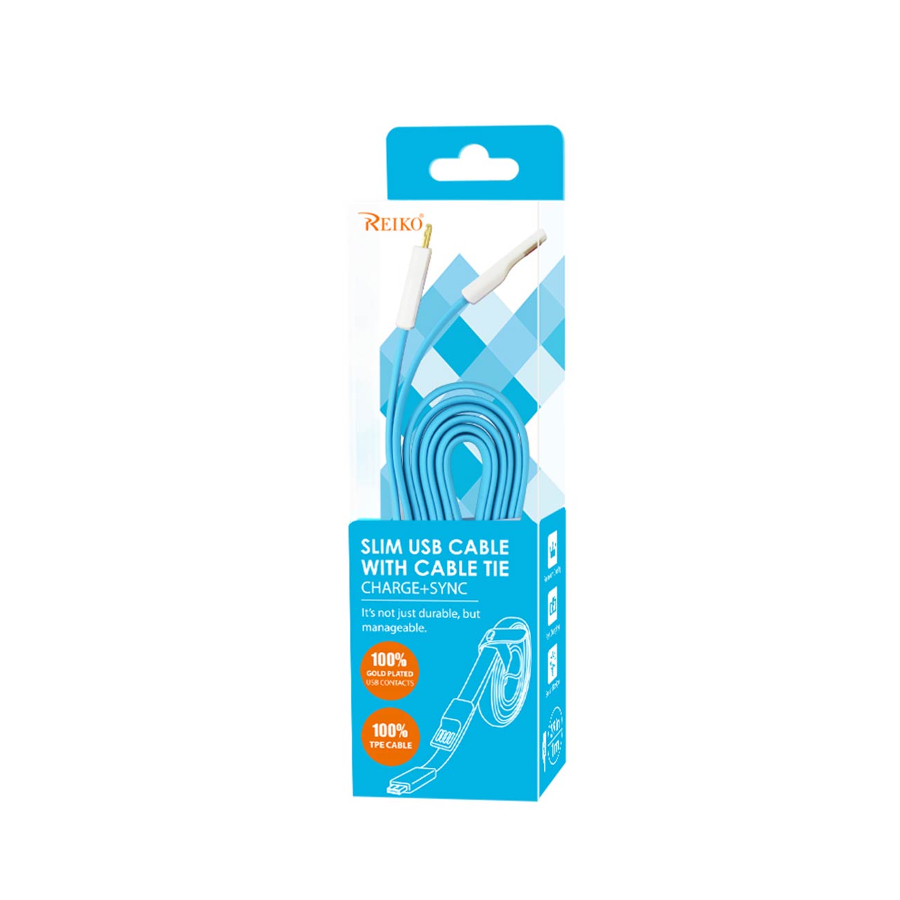 Data Cable USB Flat Micro Gold Plated 3.9Ft With Cable Tie Blue color