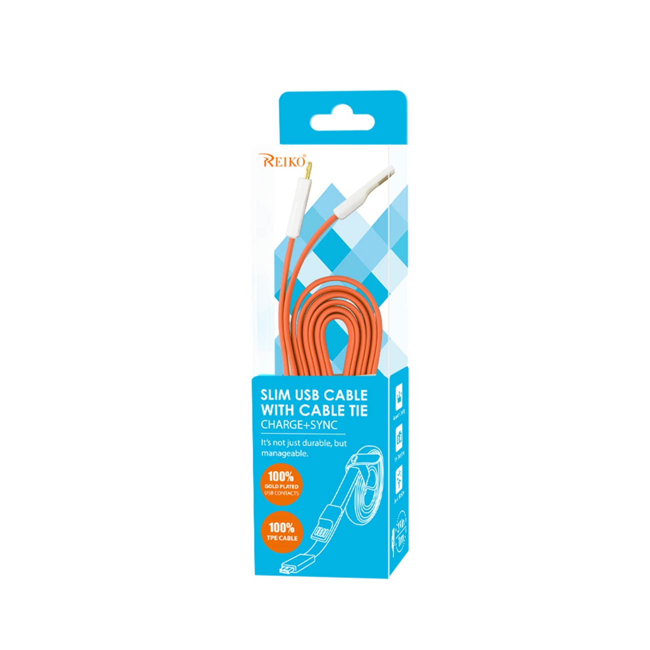 Data Cable USB Flat Micro Gold Plated 3.9Ft With Cable Tie Orange Color