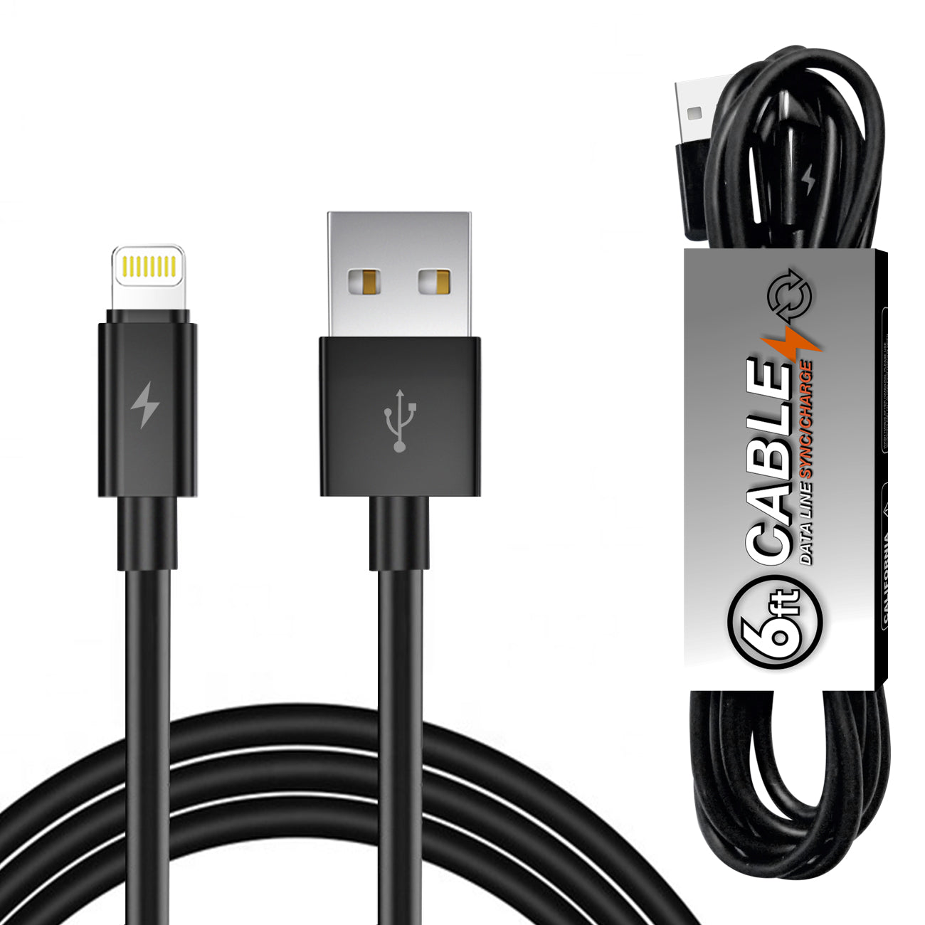 Data Cable USB 2.0 PVC Material 6 FT 8 Pin Simple Packaging Black Color