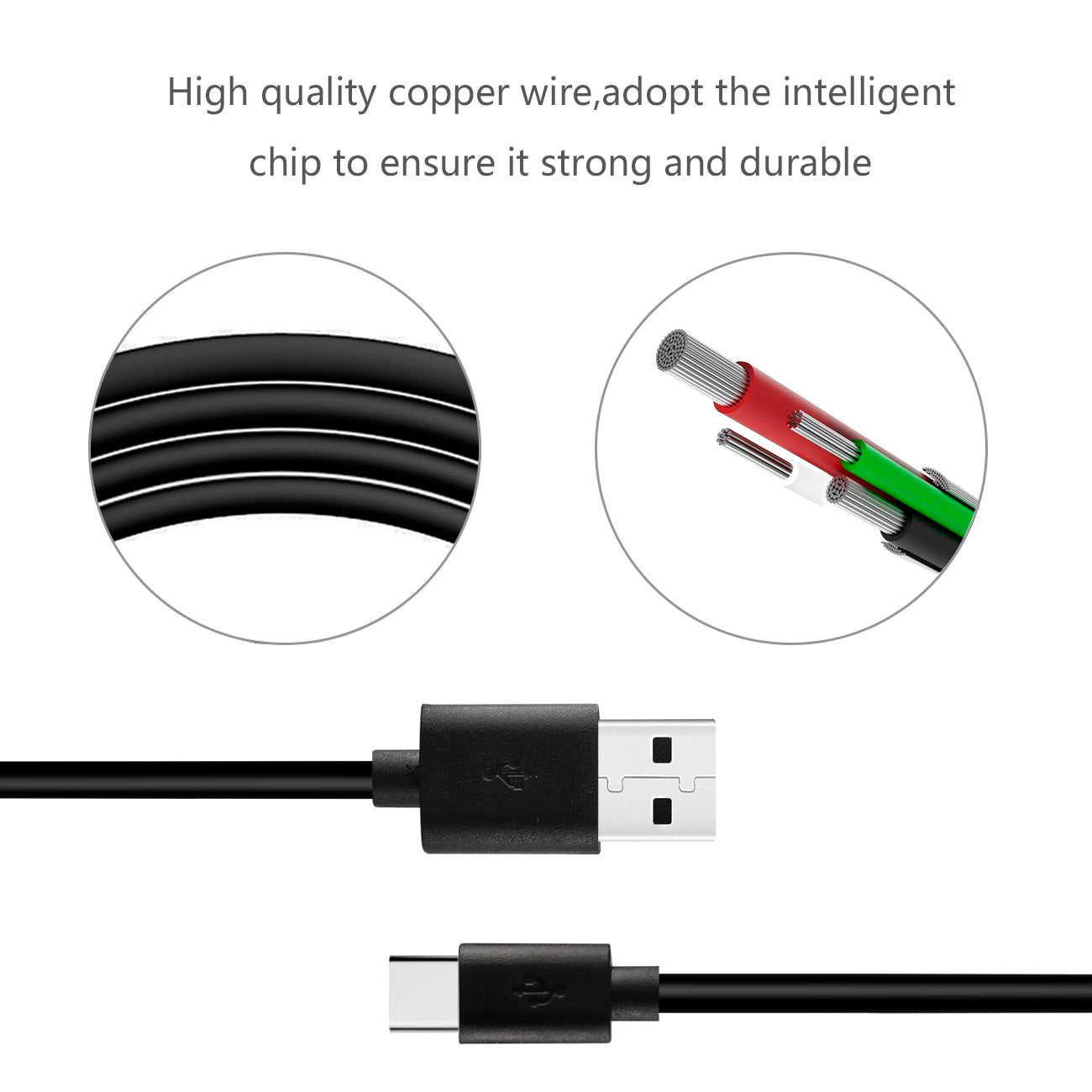 Data Cable USB 2.0 Type C PVC Material 3.3Ft Simple Packaging Black Color