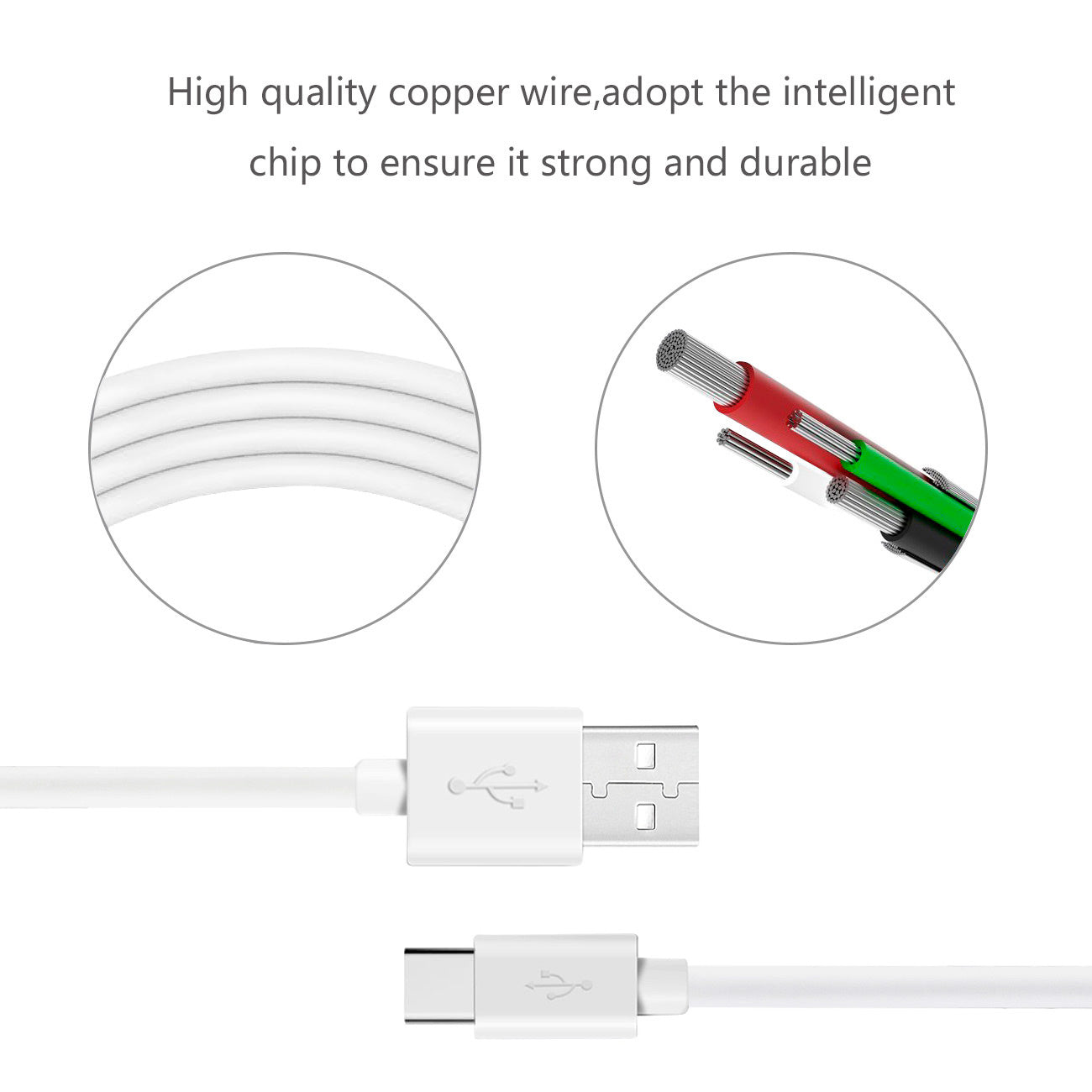 Data Cable USB 2.0 Type C PVC Material 3.3Ft Luxury Packaging White Color