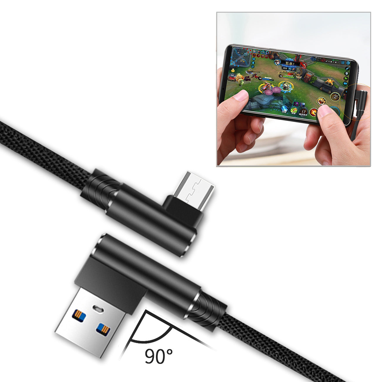 Data Cable Micro USB 2.0 Nylon Braided Material 3.3Ft Black Color