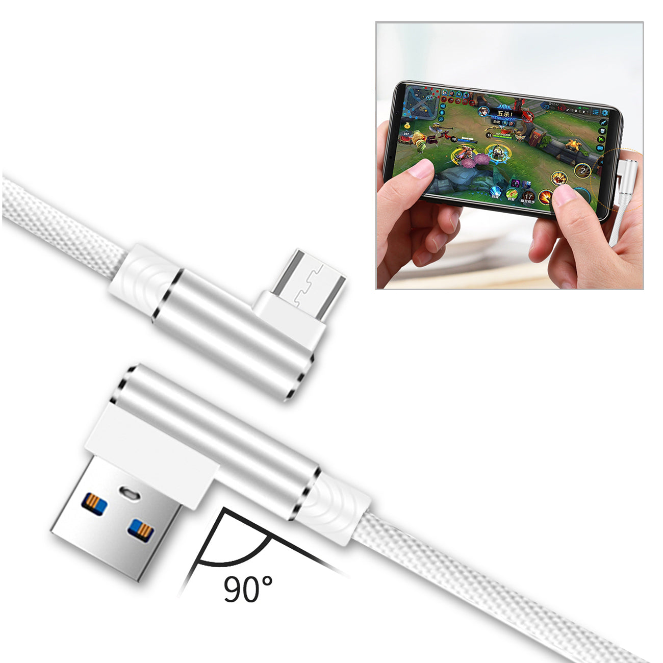 Data Cable Micro USB 2.0 Nylon Braided Material 3.3Ft White Color