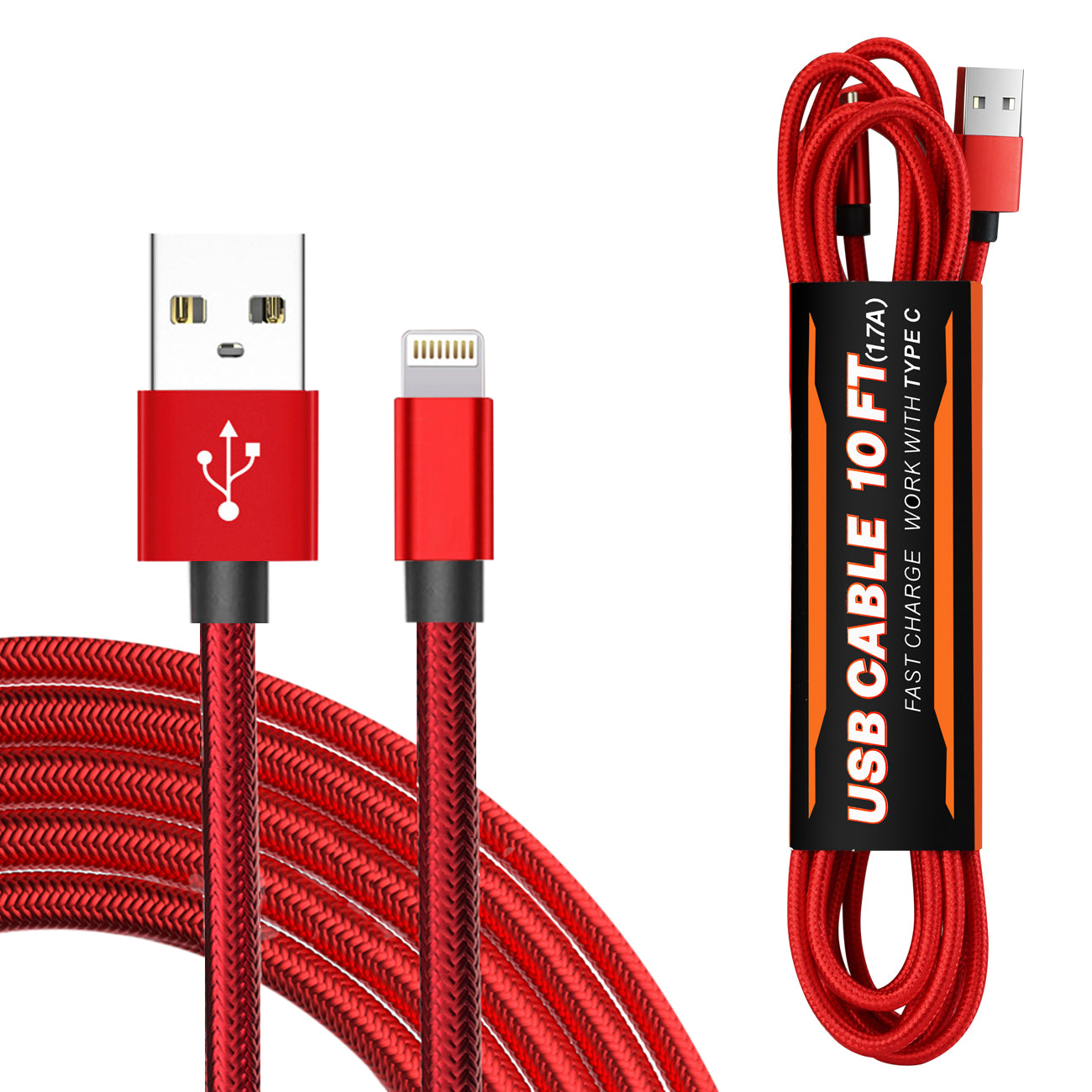 Cable USB IOS 1.7A 10FT Red Color