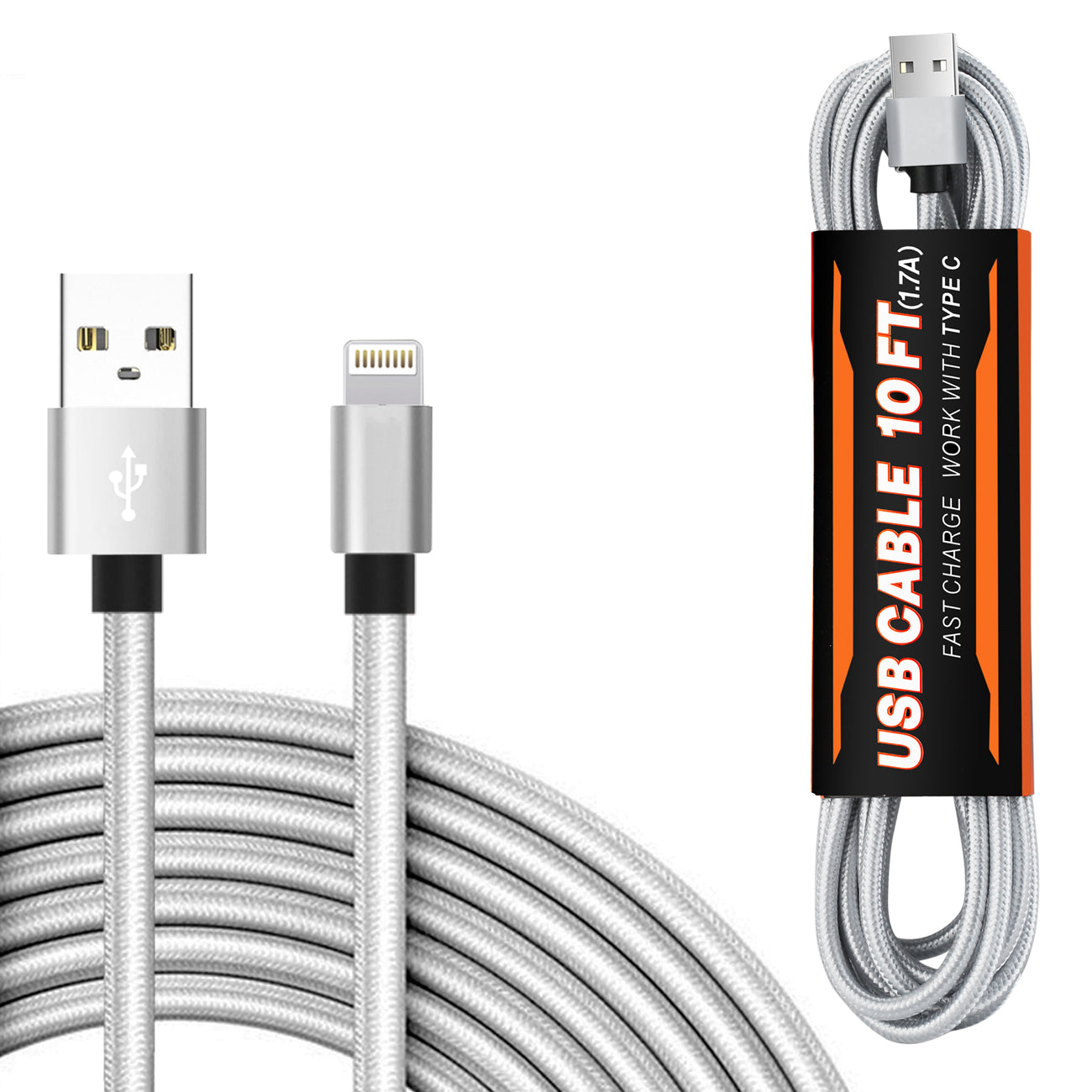 Cable USB iOS 1.7A 10FT Silver Color