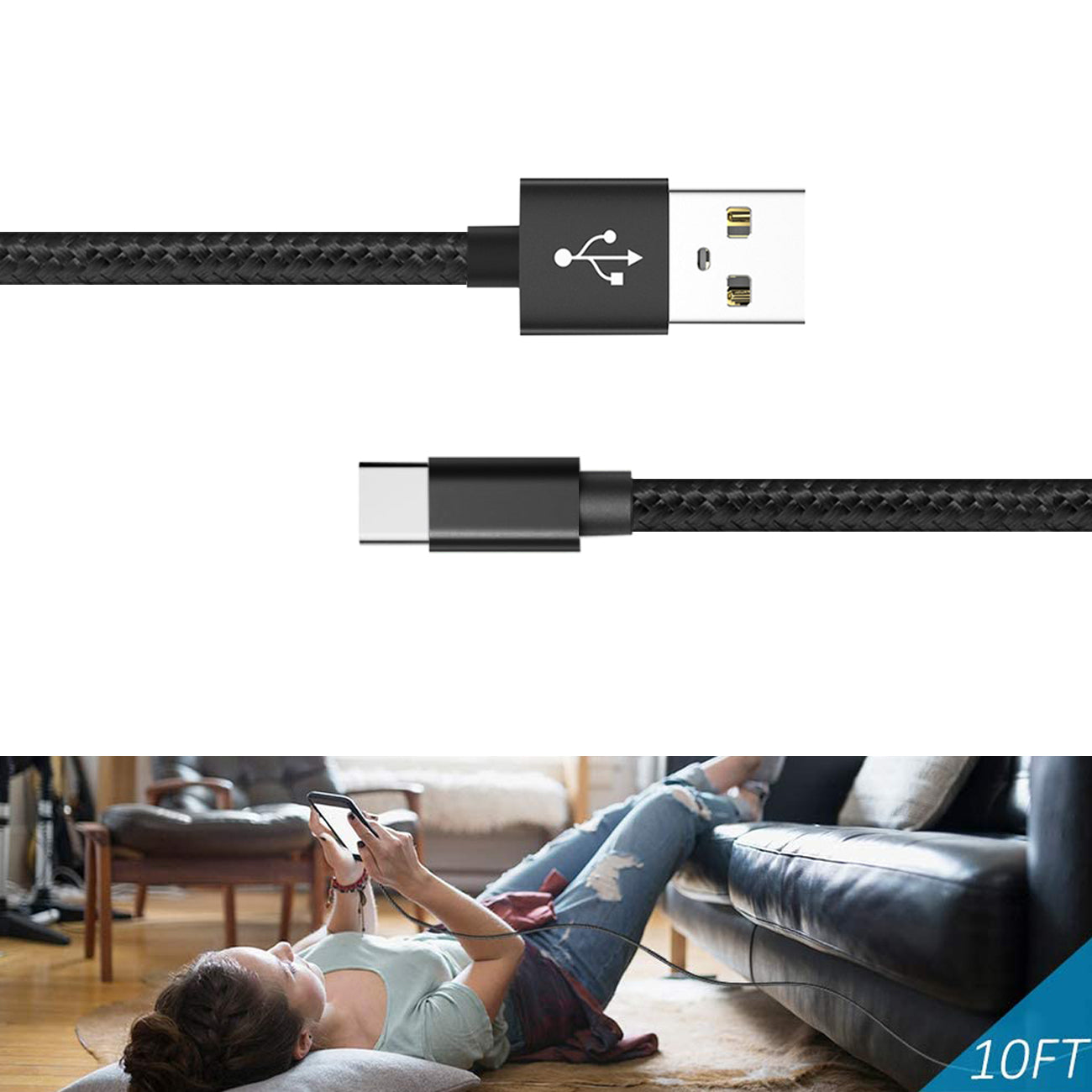 Cable USB Type-C 1.7A 10Ft Black Color