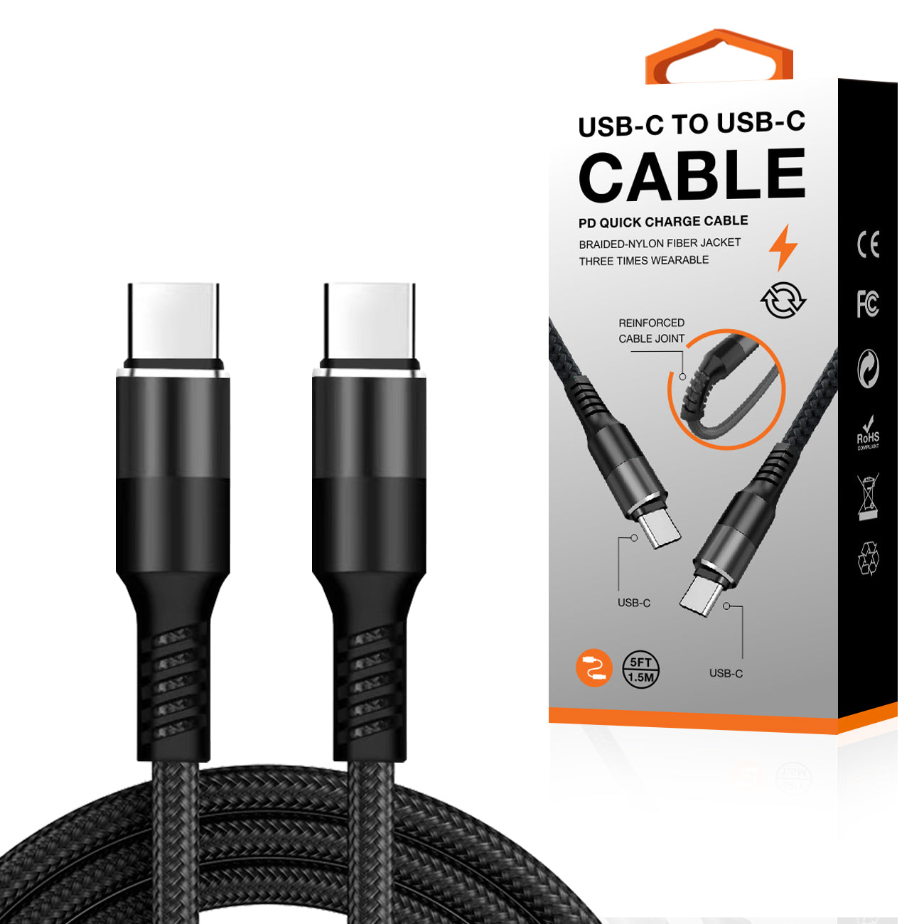Cable USB-C to C Power Delivery Fast Charging & Sync Nylon Braided 5Ft Black Color