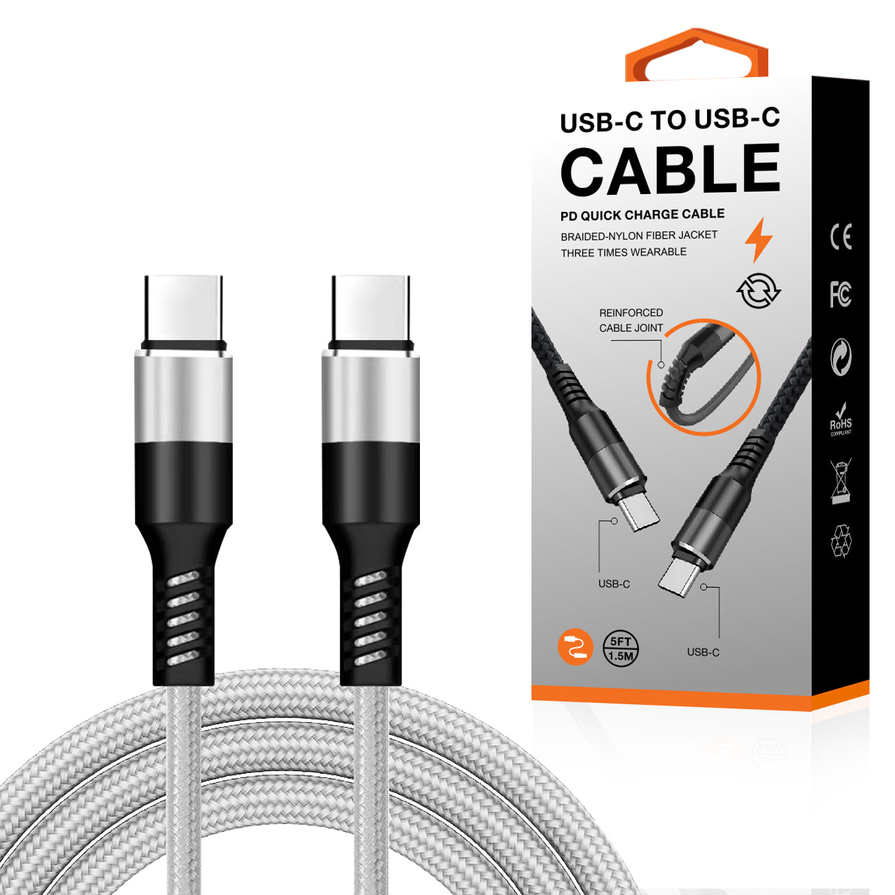 Cable USB-C to C Power Delivery Fast Charging & Sync Nylon Braided 5Ft Silver Color