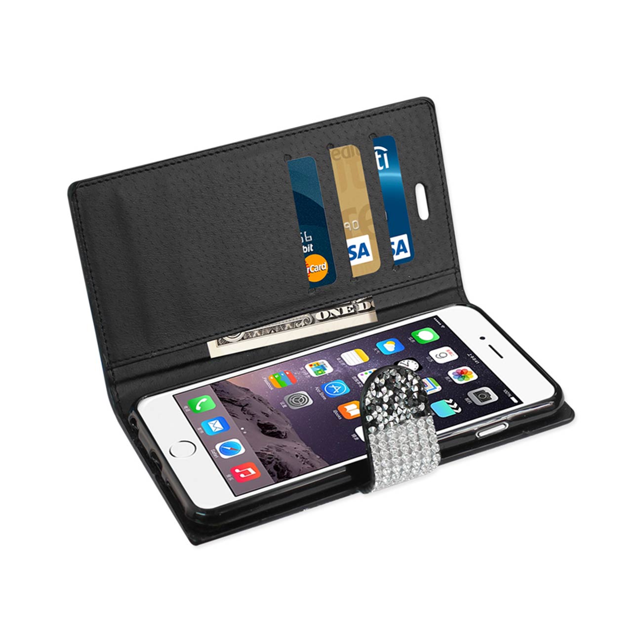 Wallet Case Diamond Rhinestone iPhone 6 Plus Black Color