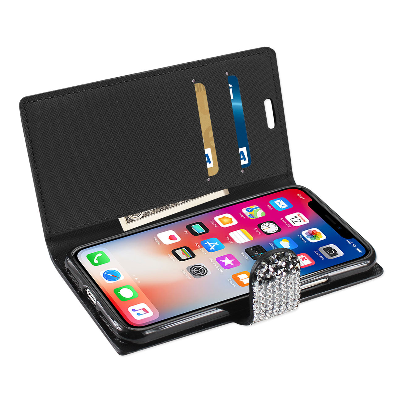 Wallet Case Diamond Rhinestone iPhone X/ iPhone XS Black Color