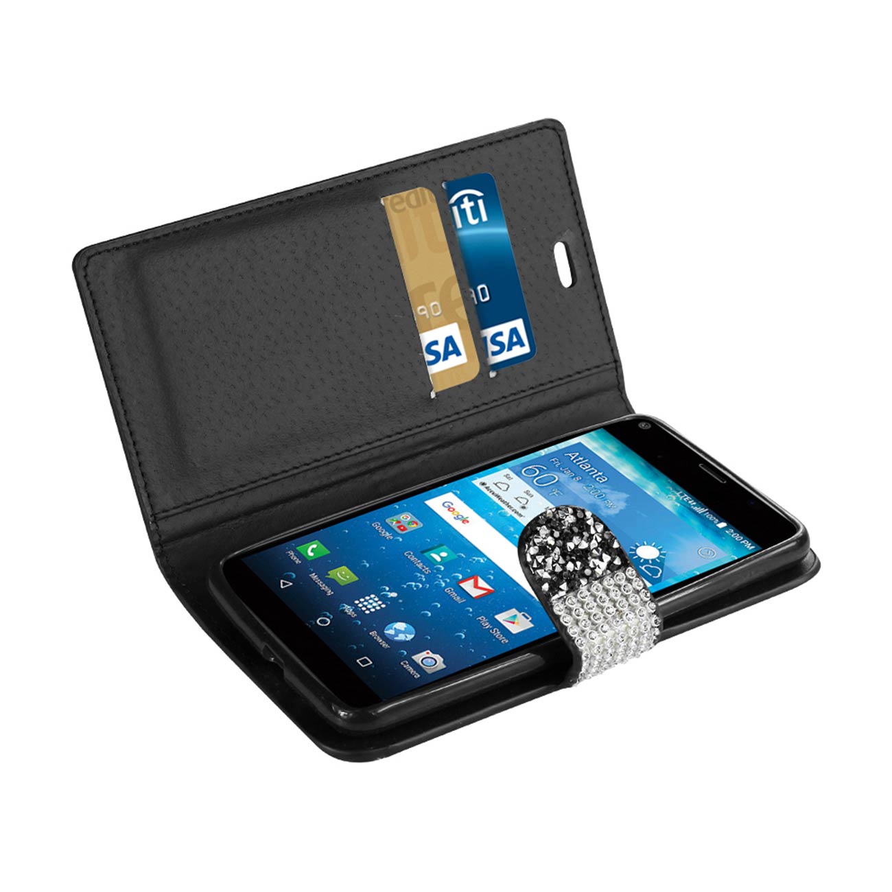 Wallet Case Diamond Rhinestone Kyocera Hydro View Black Color