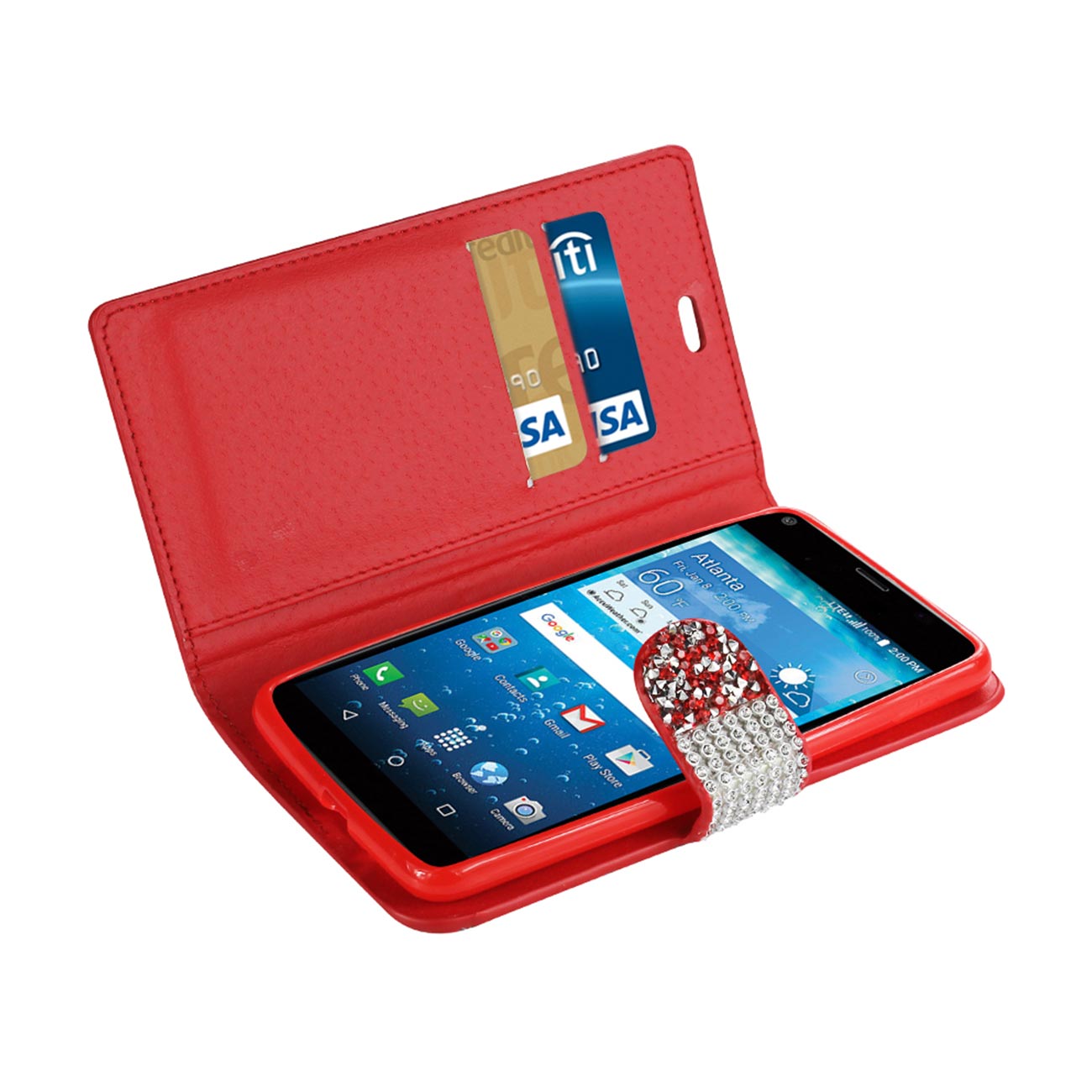 Wallet Case Diamond Rhinestone Kyocera Hydro View Red Color