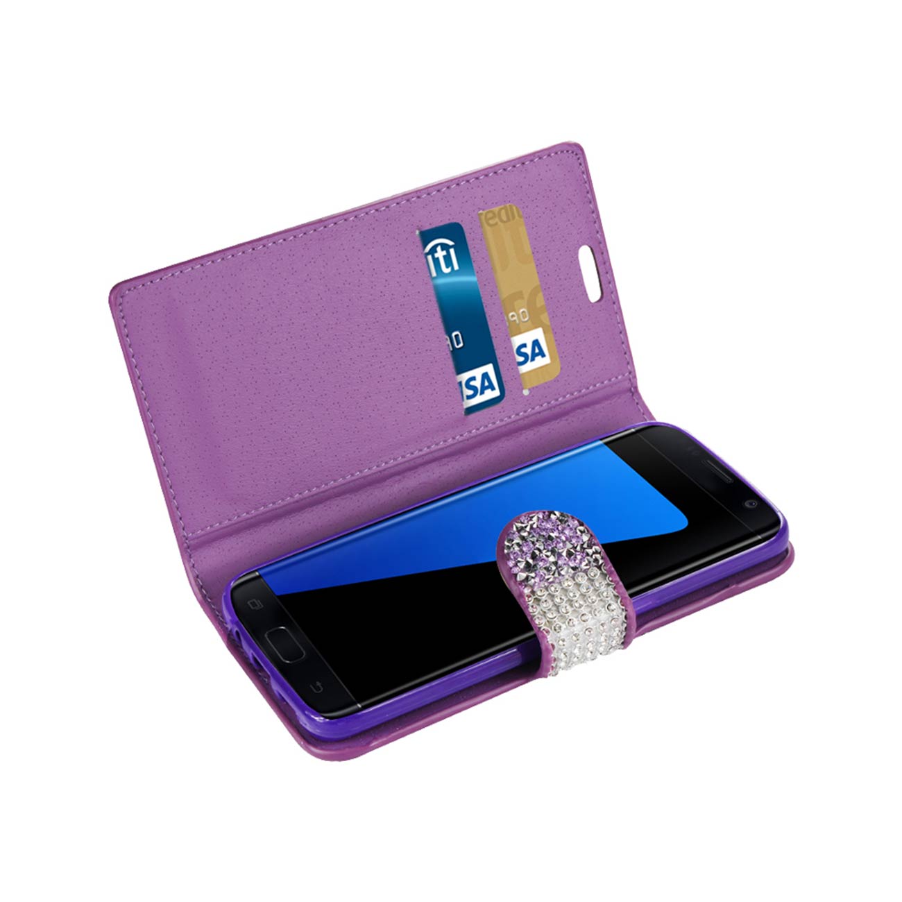 Wallet Case Diamond Rhinestone Samsung Galaxy S7 Edge Purple Color