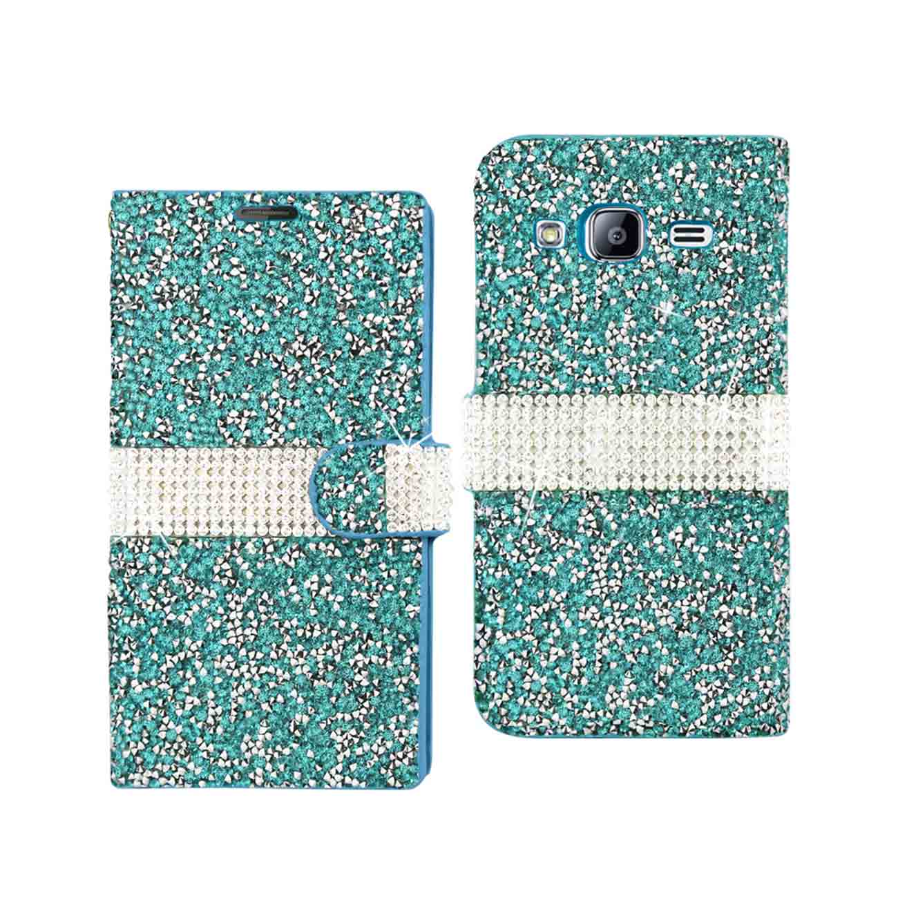 Wallet Case Diamond Rhinestone Samsung Galaxy J3 Blue Color