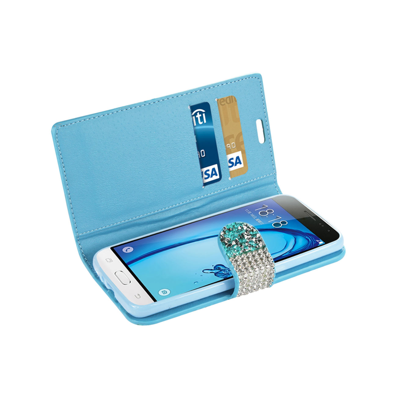 Wallet Case Diamond Rhinestone Samsung Galaxy J3 Blue Color