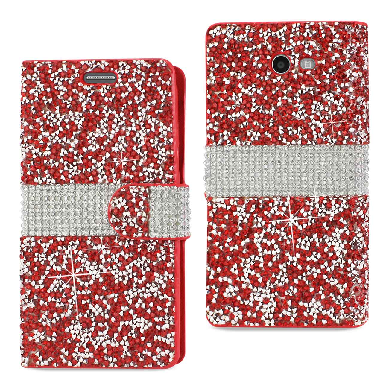 Wallet Case Diamond Rhinestone Samsung Galaxy J3 Emerge Red Color