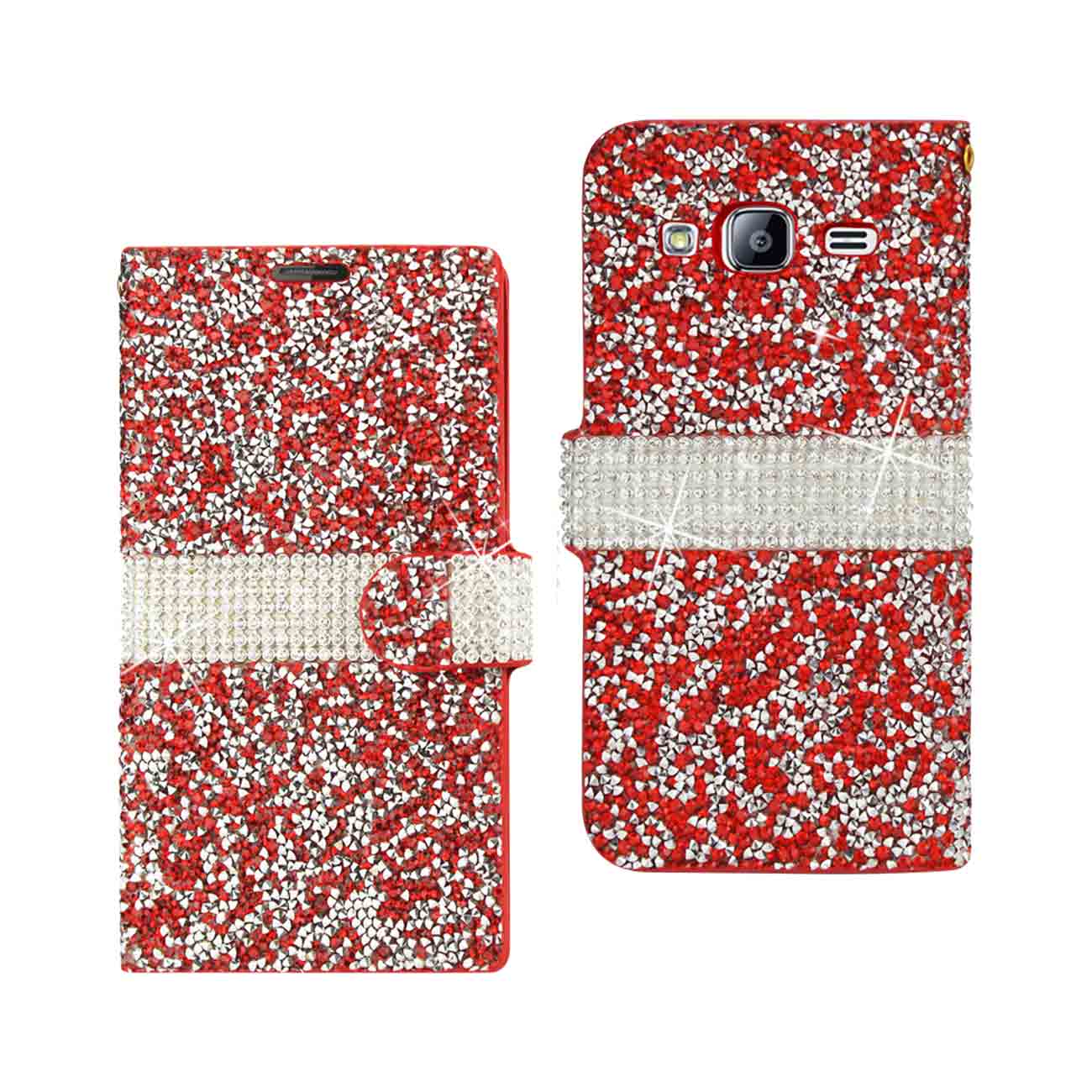 Wallet Case Diamond Rhinestone Samsung Galaxy J3 Red Color