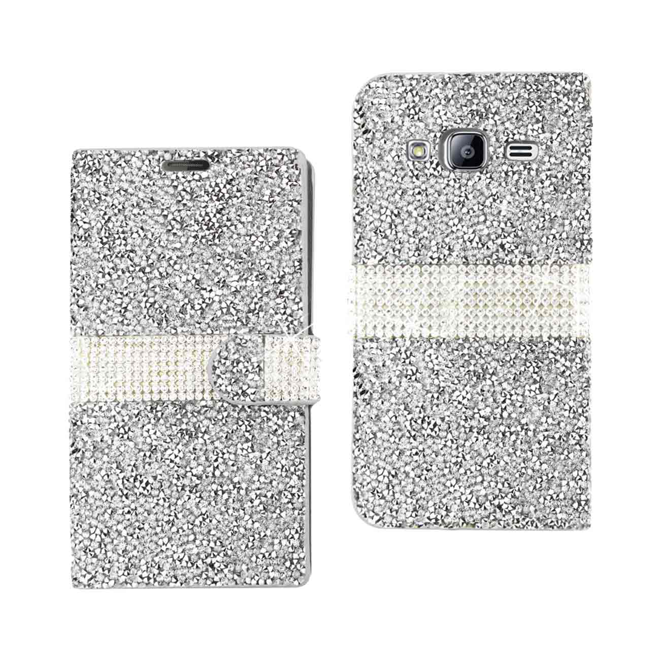 Wallet Case Diamond Rhinestone Samsung Galaxy J3 Silver Color