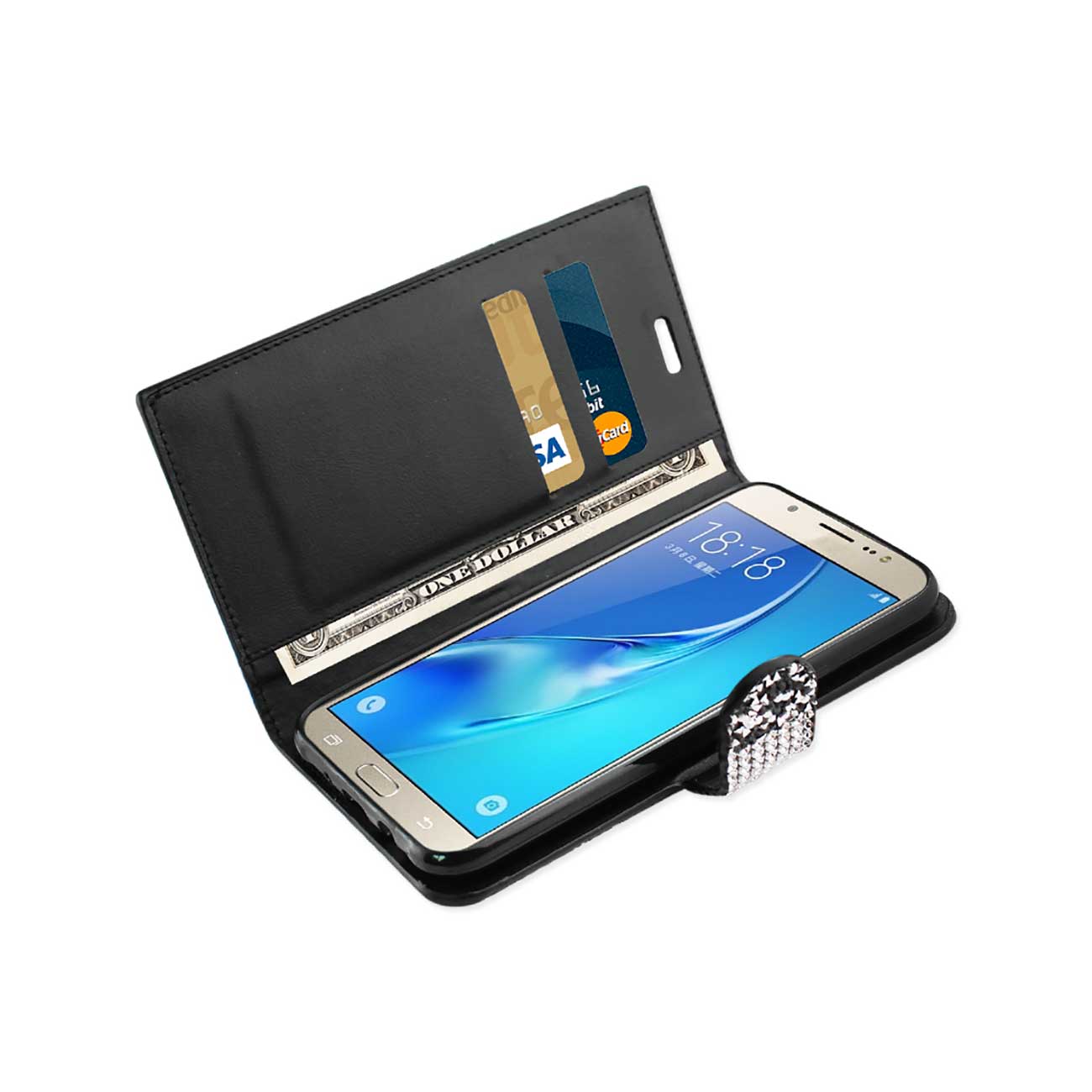 Wallet Case Diamond Rhinestone Samsung Galaxy J7 Black Color
