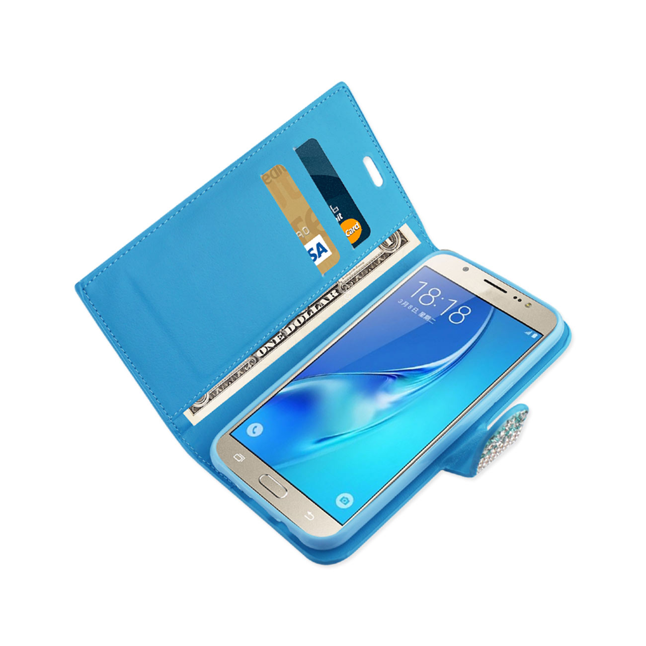Wallet Case Diamond Rhinestone Samsung Galaxy J7 Blue Color