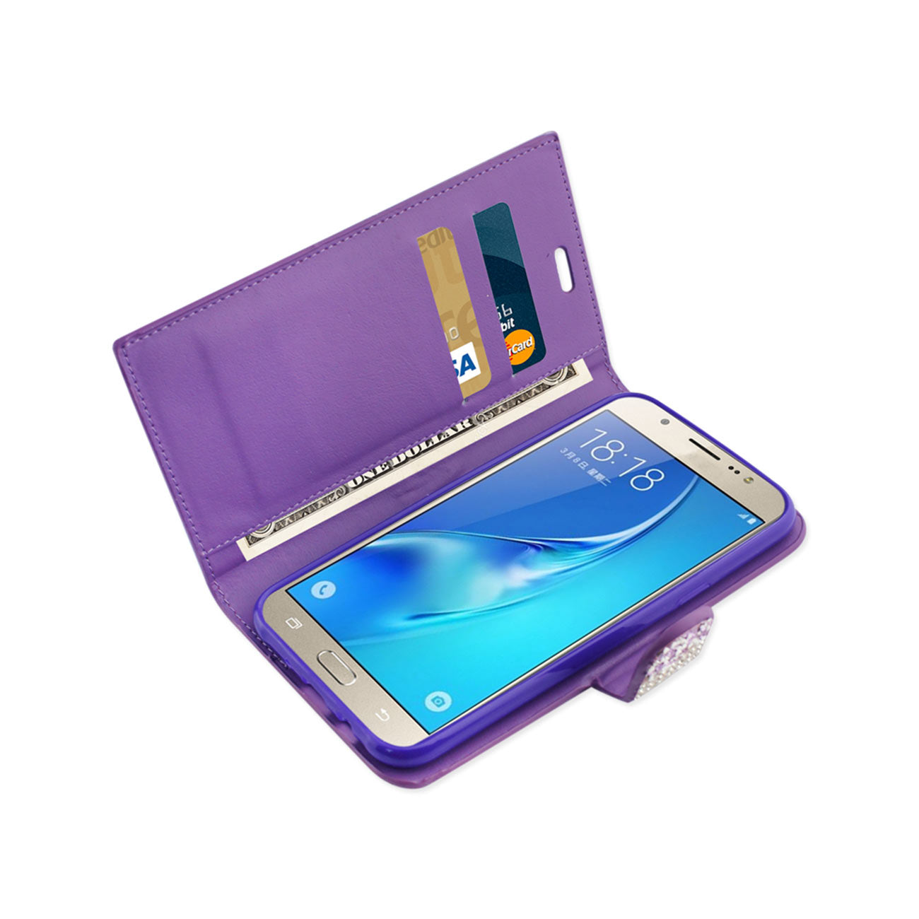 Wallet Case Diamond Rhinestone Samsung Galaxy J7 Purple Color