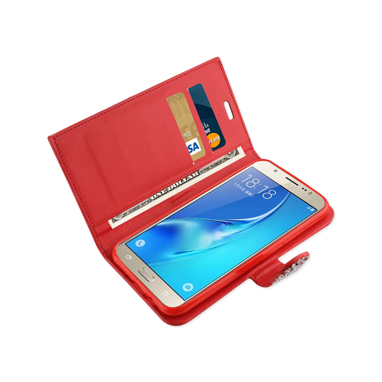 Wallet Case Diamond Rhinestone Samsung Galaxy J7 Red Color
