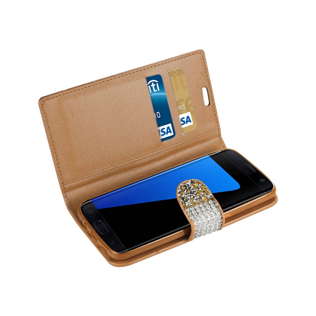 Wallet Case Diamond Rhinestone Samsung Galaxy S7 Gold Color