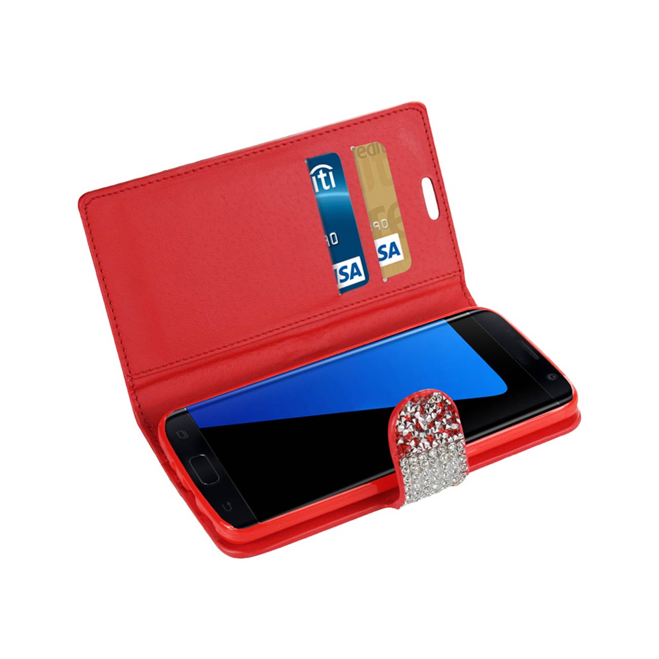 Wallet Case Diamond Rhinestone Samsung Galaxy S7 Red Color