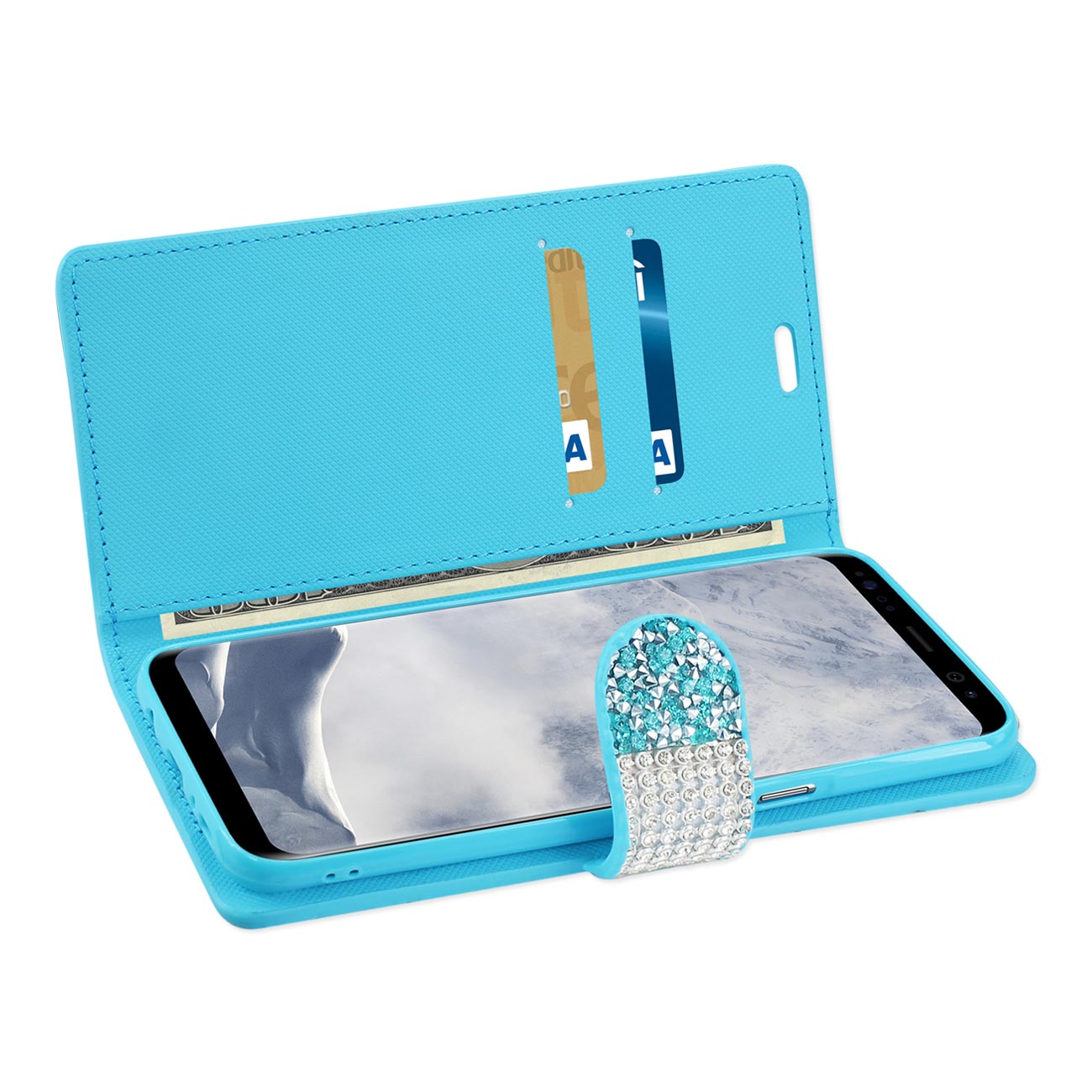 Wallet Case Diamond Rhinestone Samsung Galaxy S8/ SM Blue Color
