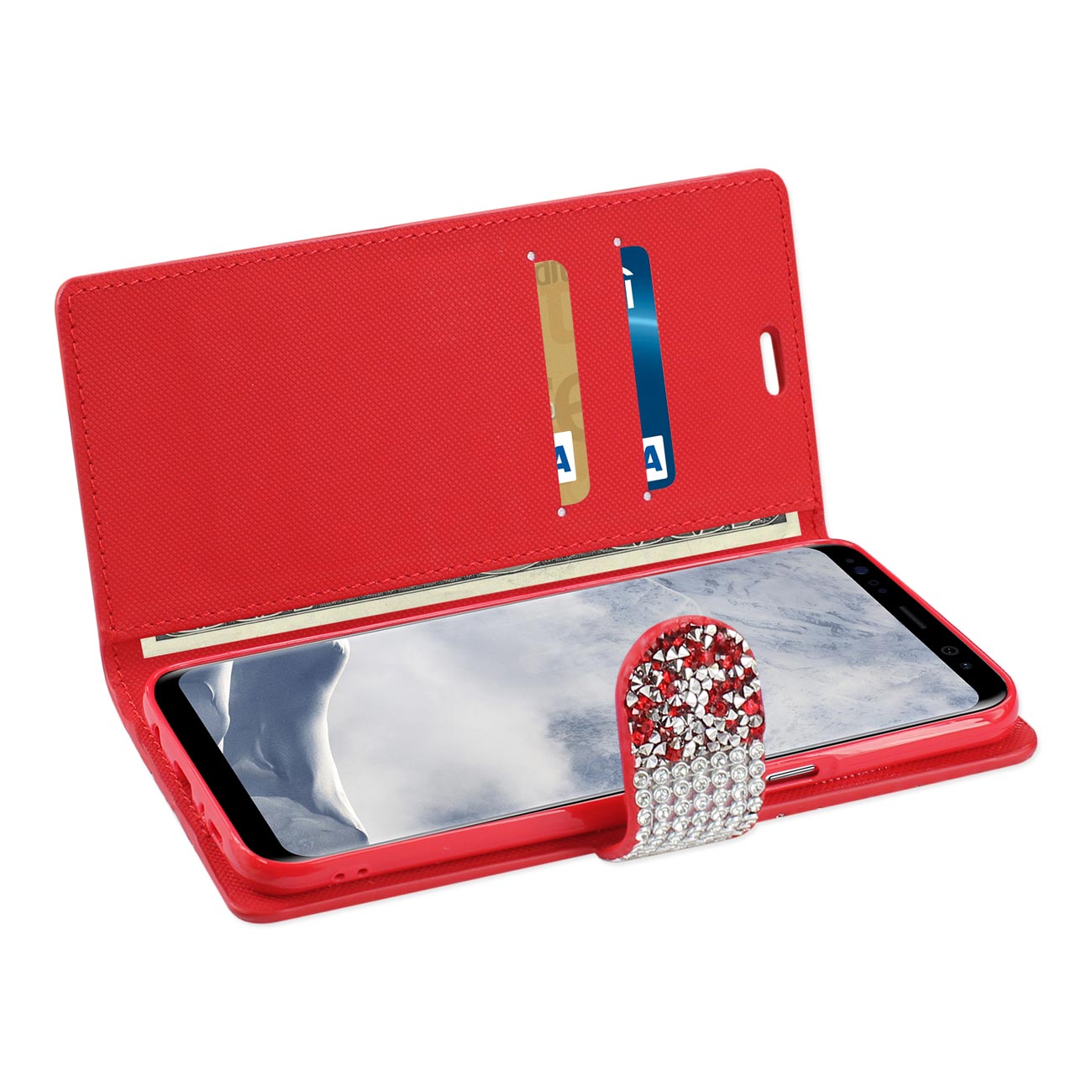 Wallet Case Diamond Rhinestone Samsung Galaxy S8/ SM Red Color