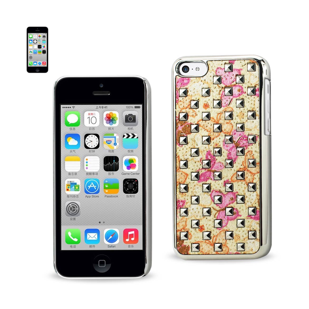 Case Studded Plating Rivets Butterflies Design iPhone 5C Hot Pink Color