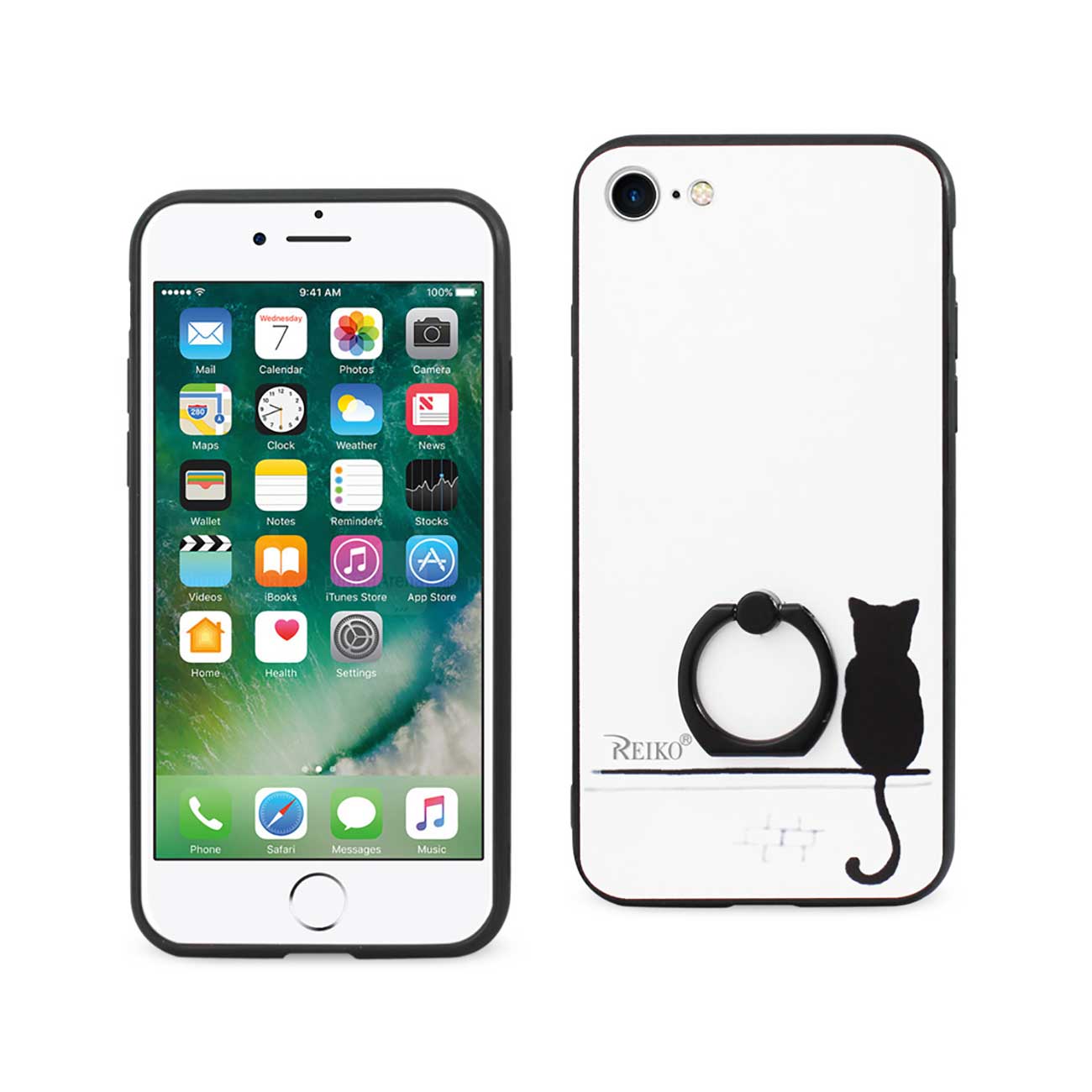 Case Cat Shadow Design With Rotating Ring Stand Holder iPhone 7/ 8/ SE2 White Color