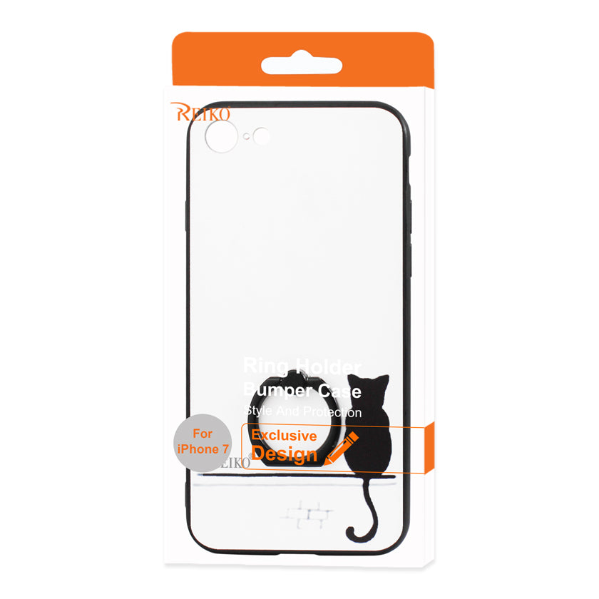 Case Cat Shadow Design With Rotating Ring Stand Holder iPhone 7/ 8/ SE2 White Color