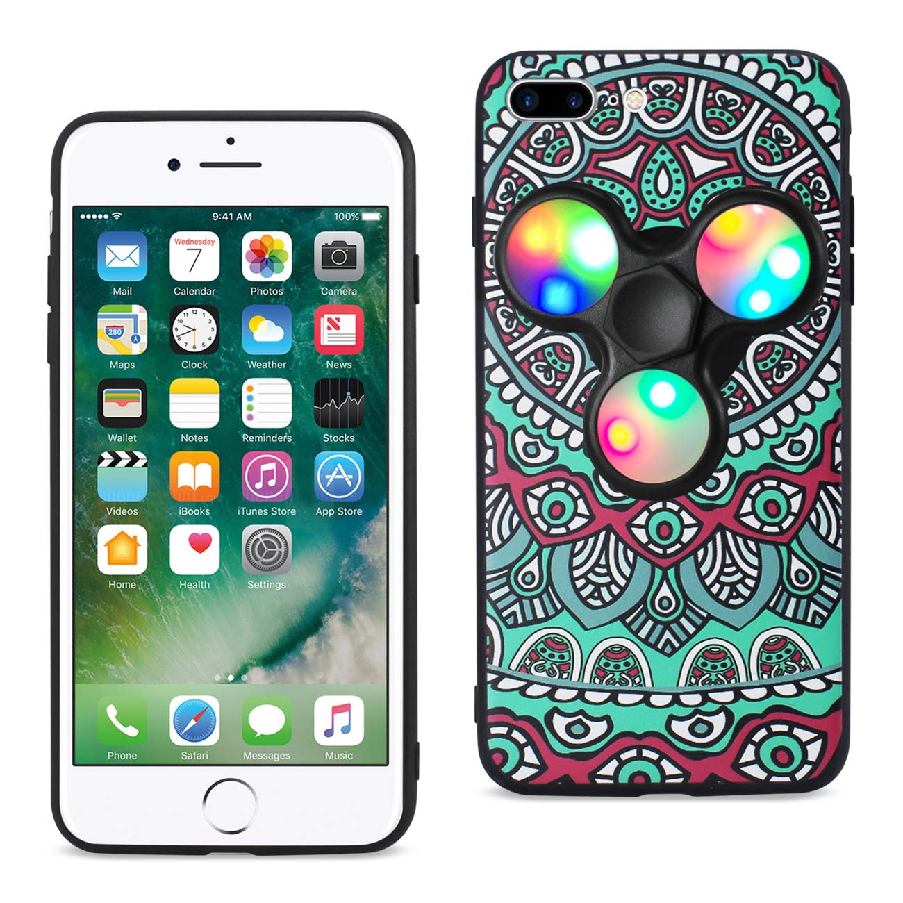 Case With LED Fidget Spinner Clip On The Inspiration Of Peacock Design iPhone 7 Plus Teal Color