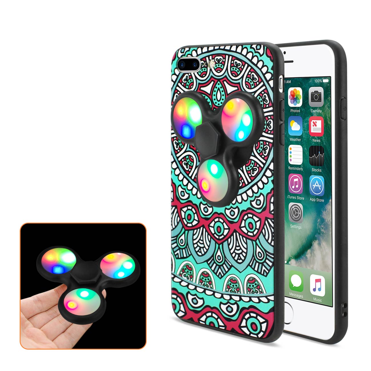 Case With LED Fidget Spinner Clip On The Inspiration Of Peacock Design iPhone 7 Plus Teal Color