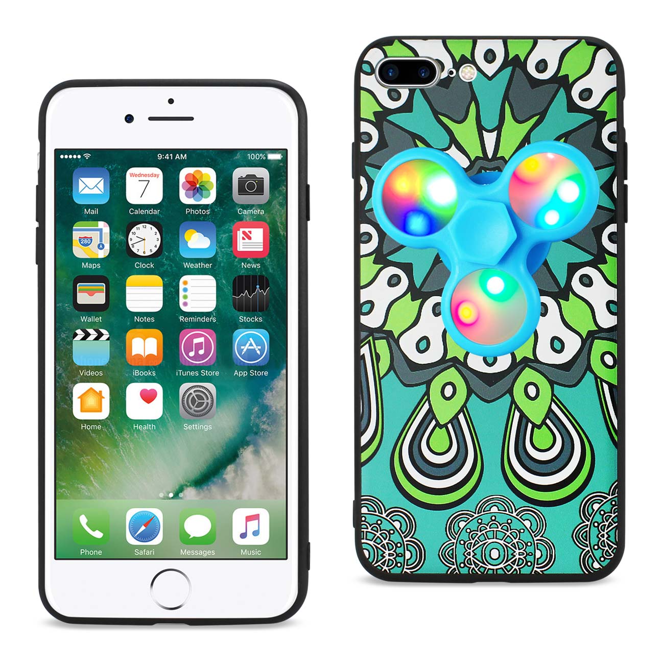 Case With LED Fidget Spinner Clip On The Inspiration Of Peacock Design iPhone 7 Plus Turquoise Color