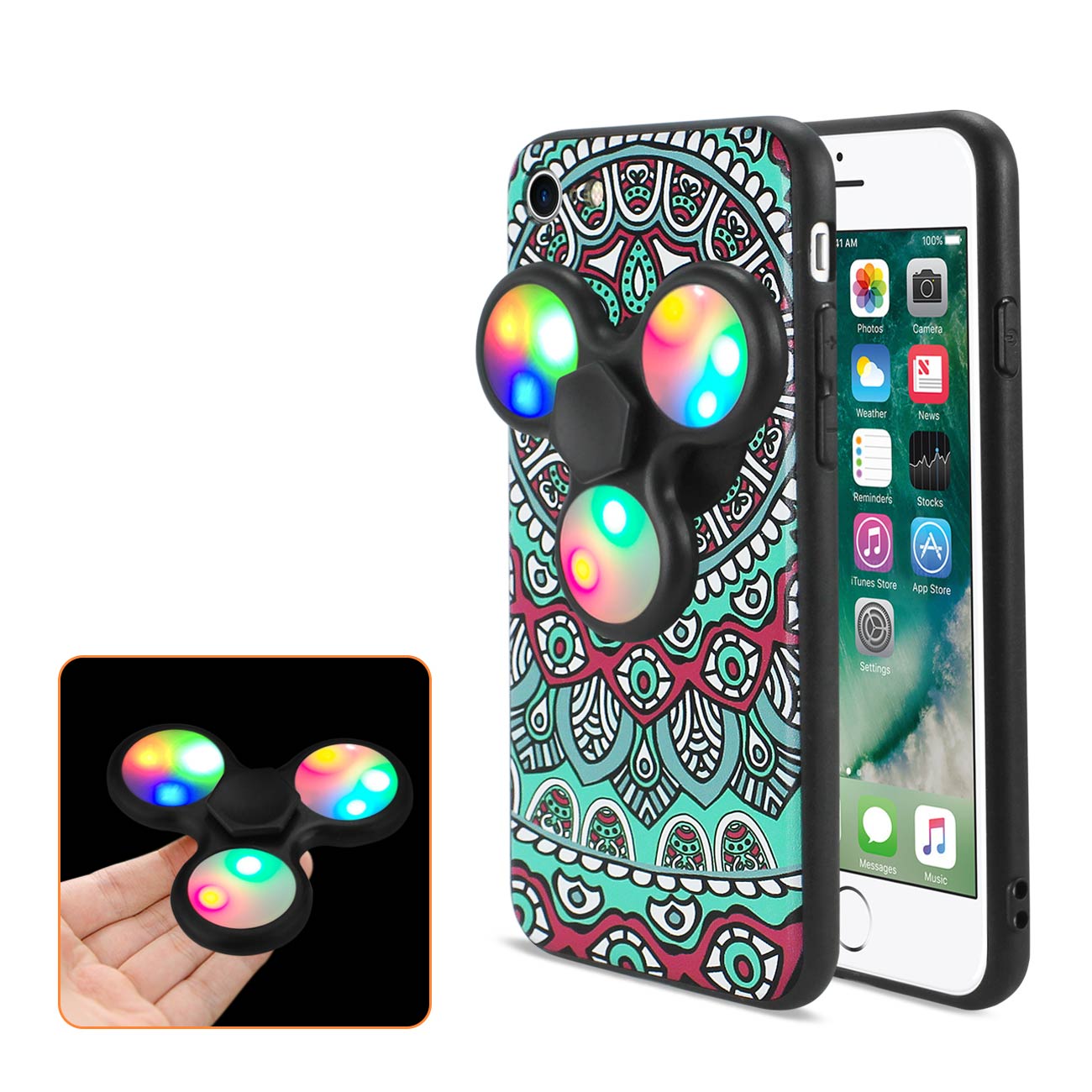 Case LED Fidget Spinner Clip On The Inspiration Of Peacock Design iPhone 7/ 8/ SE2 Teal Color