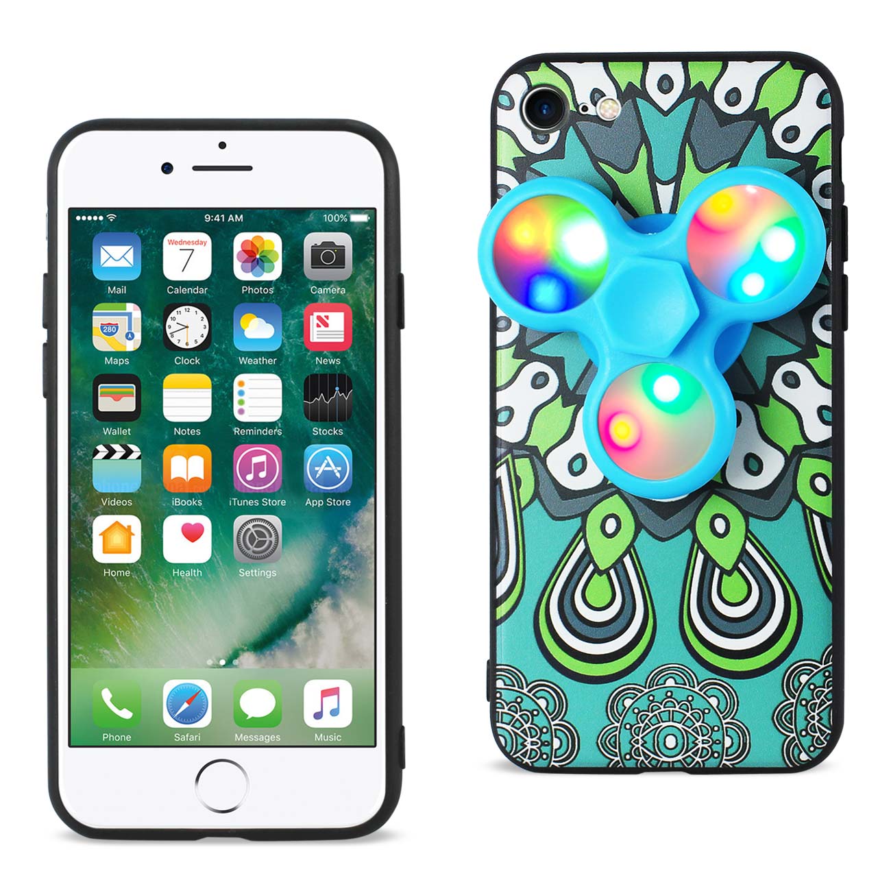 Case LED Fidget Spinner Clip On The Inspiration Of Peacock Design iPhone 7/ 8/ SE2 Turquoise Color
