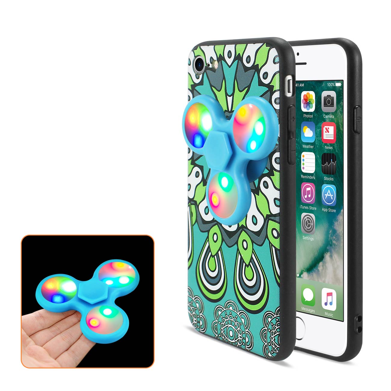 Case LED Fidget Spinner Clip On The Inspiration Of Peacock Design iPhone 7/ 8/ SE2 Turquoise Color